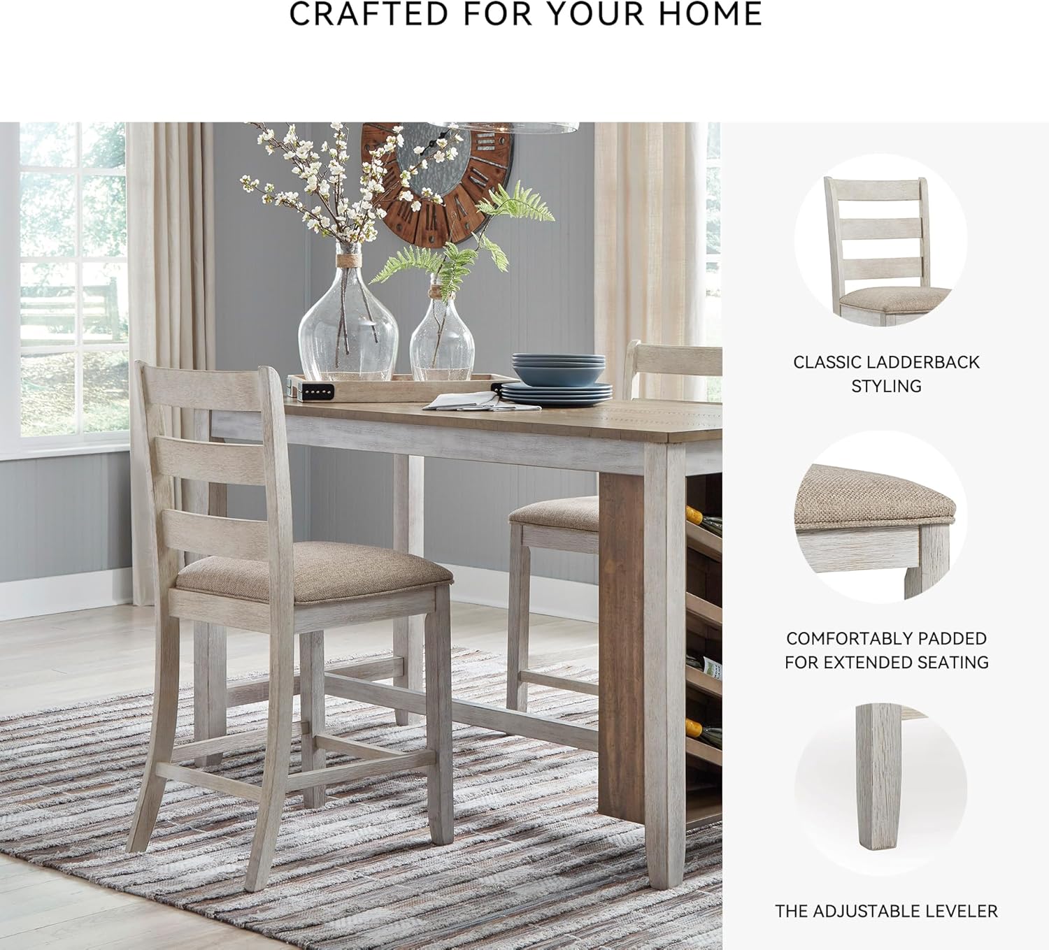 Signature Design by Ashley Skempton | 2-Count 24" Counter-Height Upholstered Bar Stools – Coastal Chic Ladder-Back, Antique White