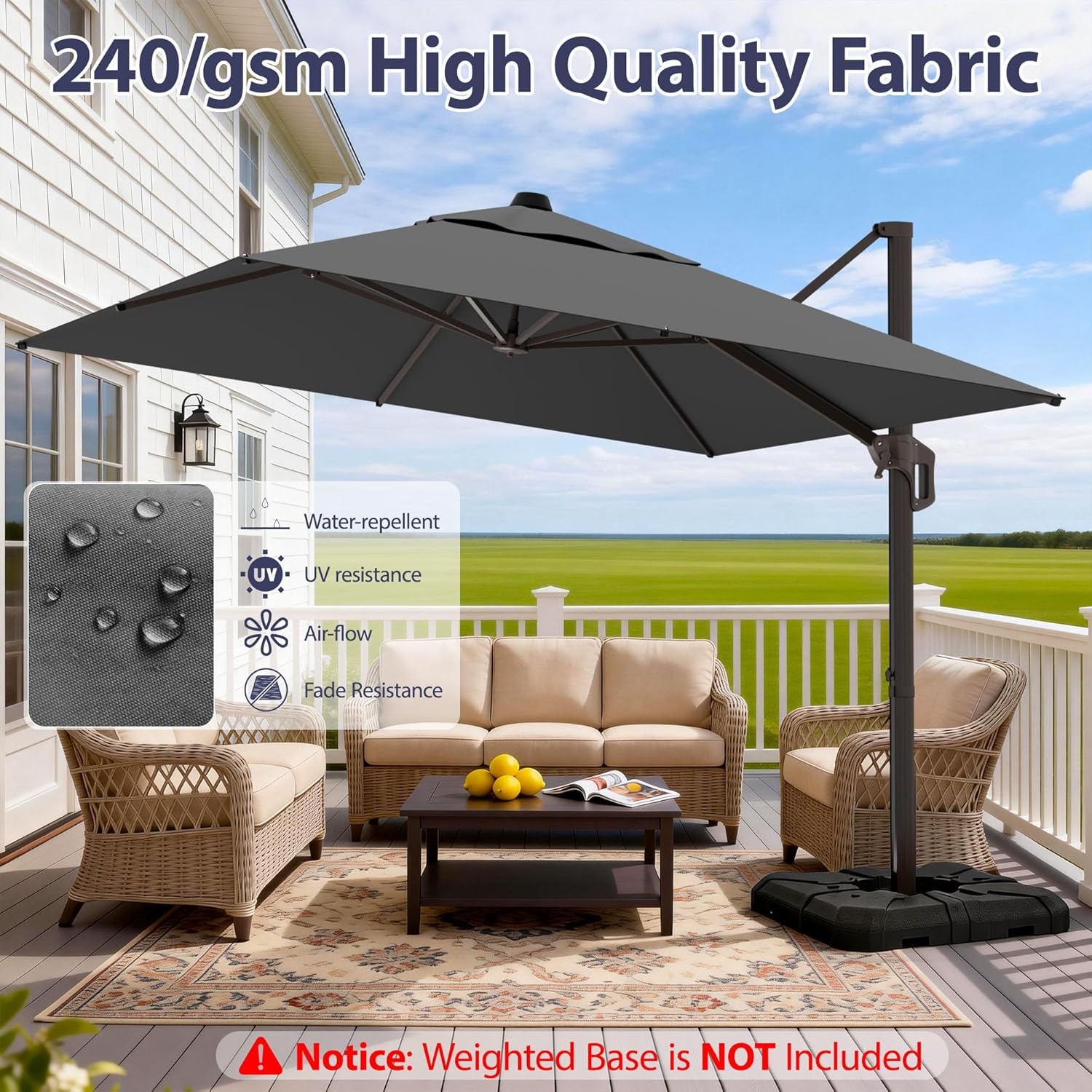 10' X 10' Patio Umbrella Cantilever Outdoor Rectangle Umbrella with Base Included, Heavy Duty 360°Rotation Offset Umbrella for Garden Deck Pool Patio, Grey