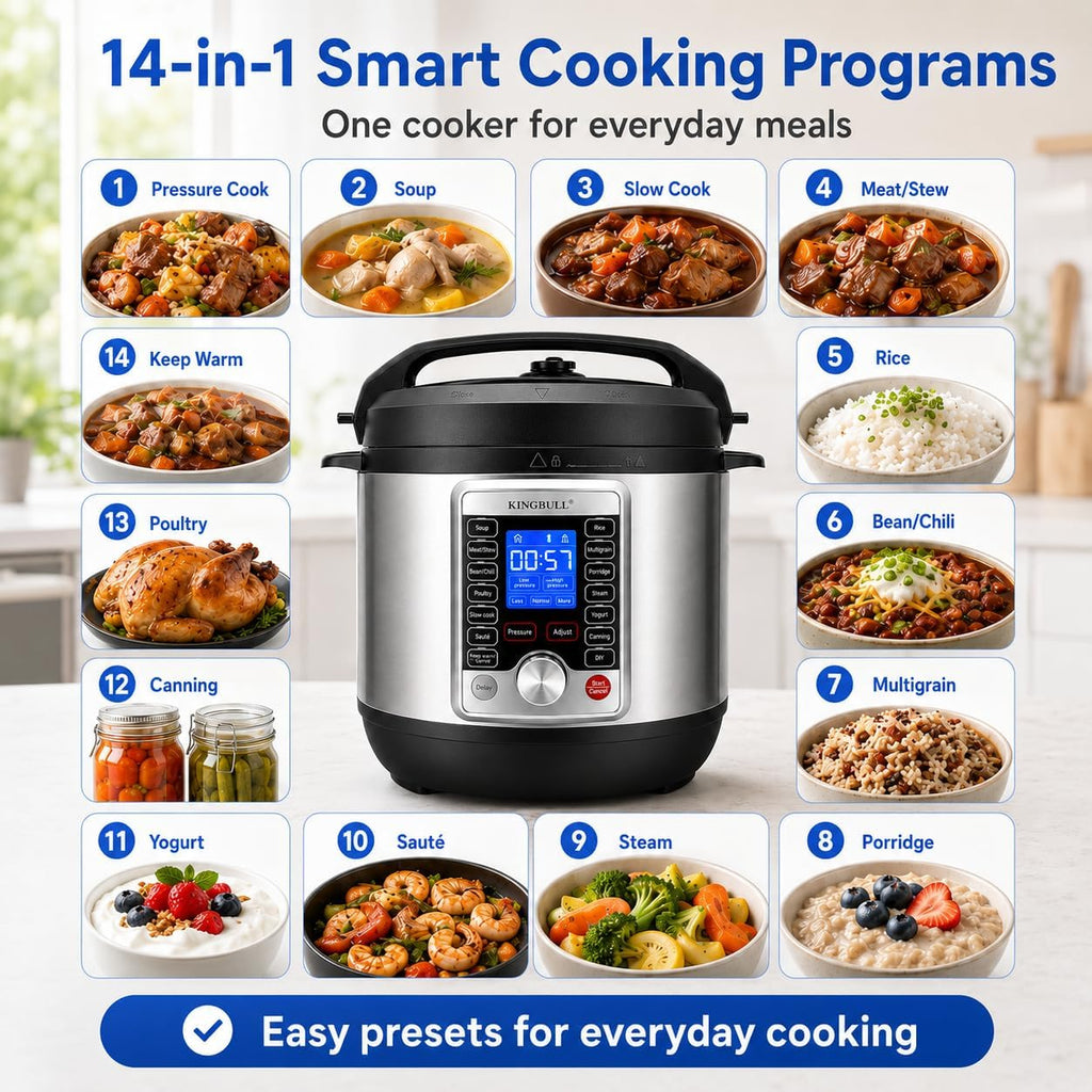 KINGBULL 14-in-1 Electric Pressure Cooker 8 Quart, Stainless Steel Multi Cooker with LCD Display and Knob Control, Slow Cooker, Rice Cooker, Steamer, Sauté, Yogurt Maker, Warmer, DIY Mode