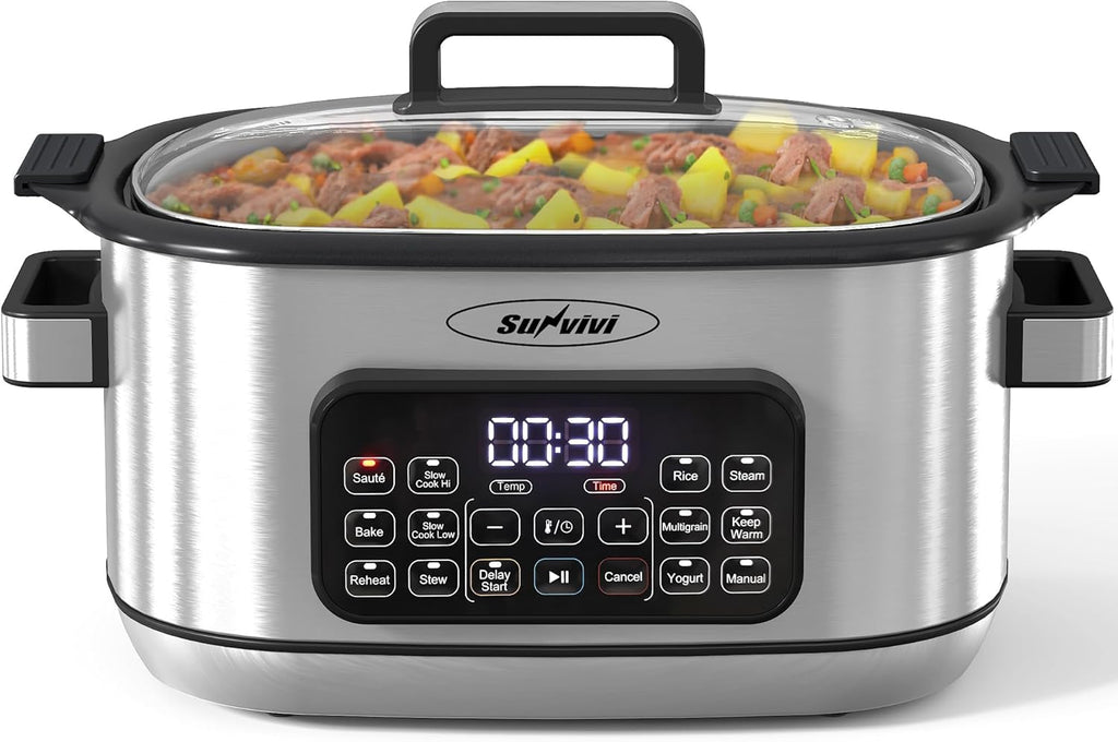 Sunvivi 12-in-1 Multi Cooker, 6.5QT Programmable Slow Cooker with Timer & Temp Control, Auto Warm Setting, Delay Start, Dishwasher Safe Lid & Removable Nonstick Crock, Stainless Steel Rack, Sliver