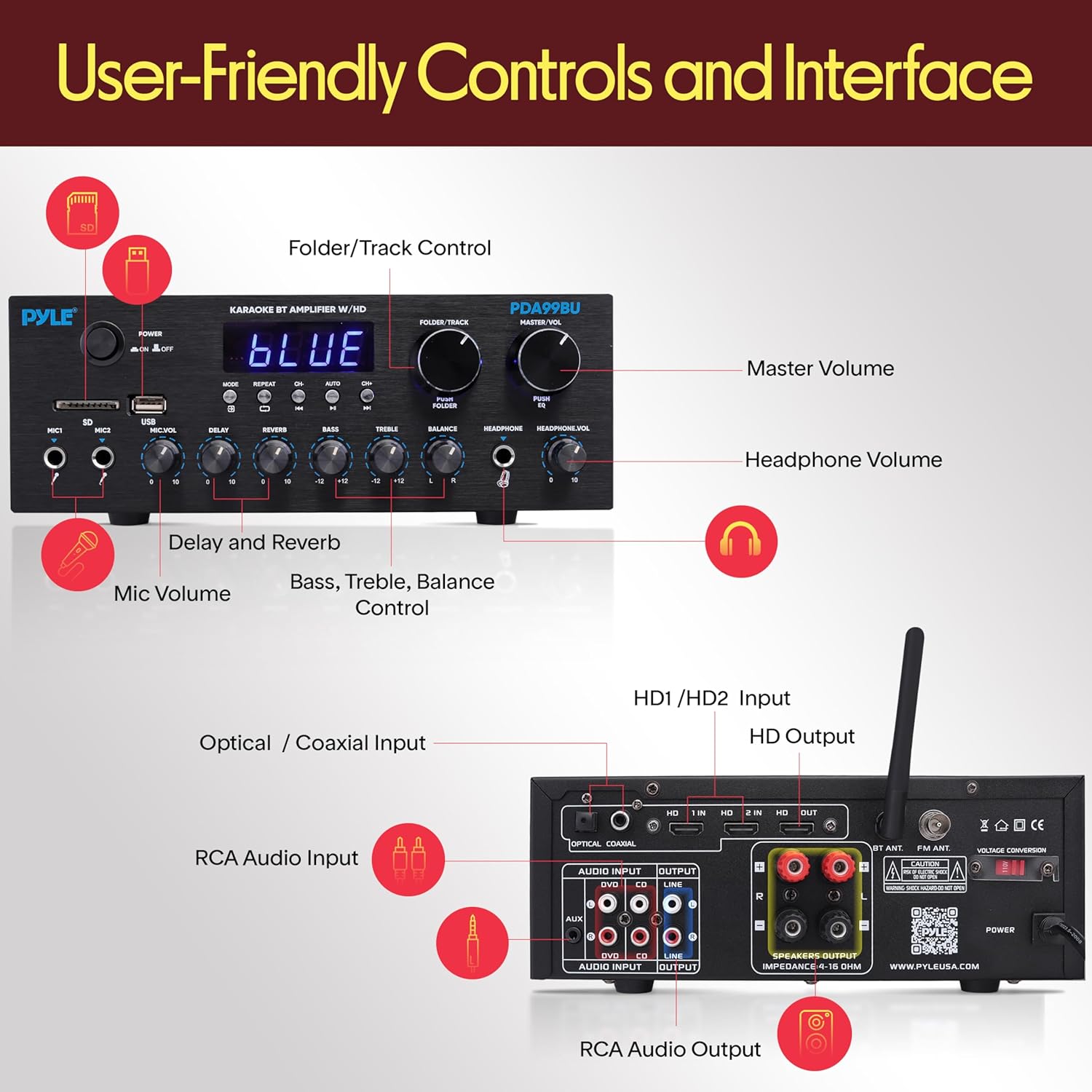 Pyle Wireless Bluetooth Streaming Amplifier - 300W Multi Channel Receiver with Dual Hi Def in/Out, Optical/Coaxial w/ 24 Bit decoding, Aluminum Control Knobs, Headphone Out, USB-A/SD - PDA99BU