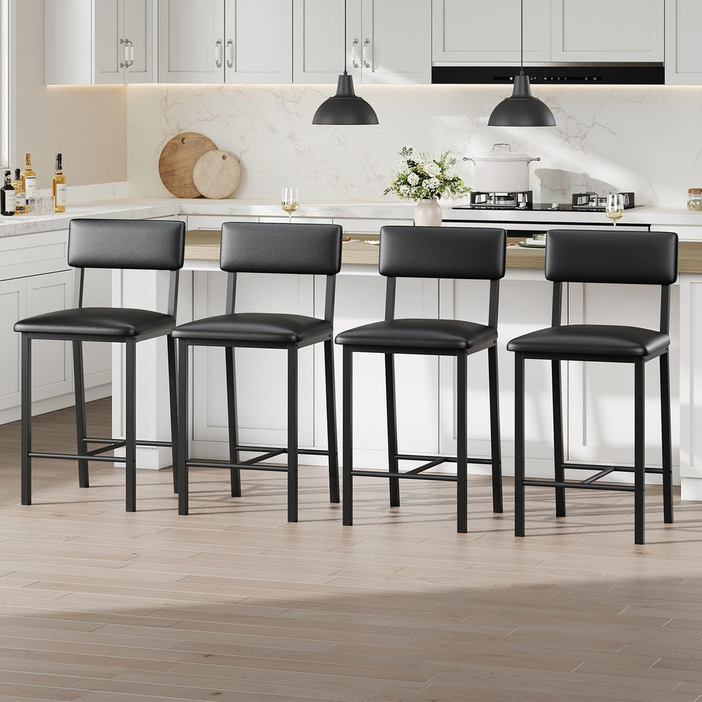 GarveeHome Bar Stools Set of 4 w/Soft Back and Upholstered Seat, 24.8 Inches Counter Height Barstools with Footrest & Thickened Metal Legs, for Kitchen Island, Bar, Black