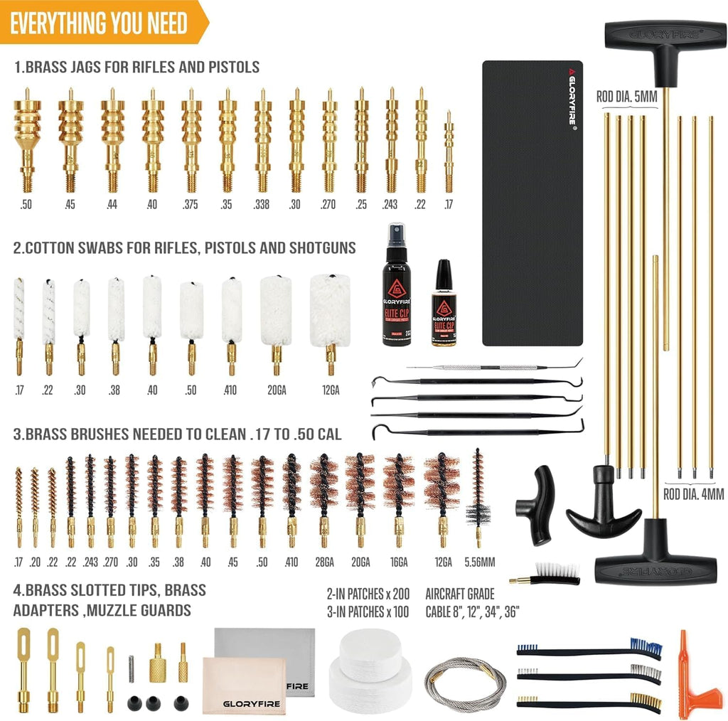 GLORYFIRE Deluxe Universal Gun Cleaning Kit - Highly Effective Cleaning Solutions for Hunting and Shooting - Compact