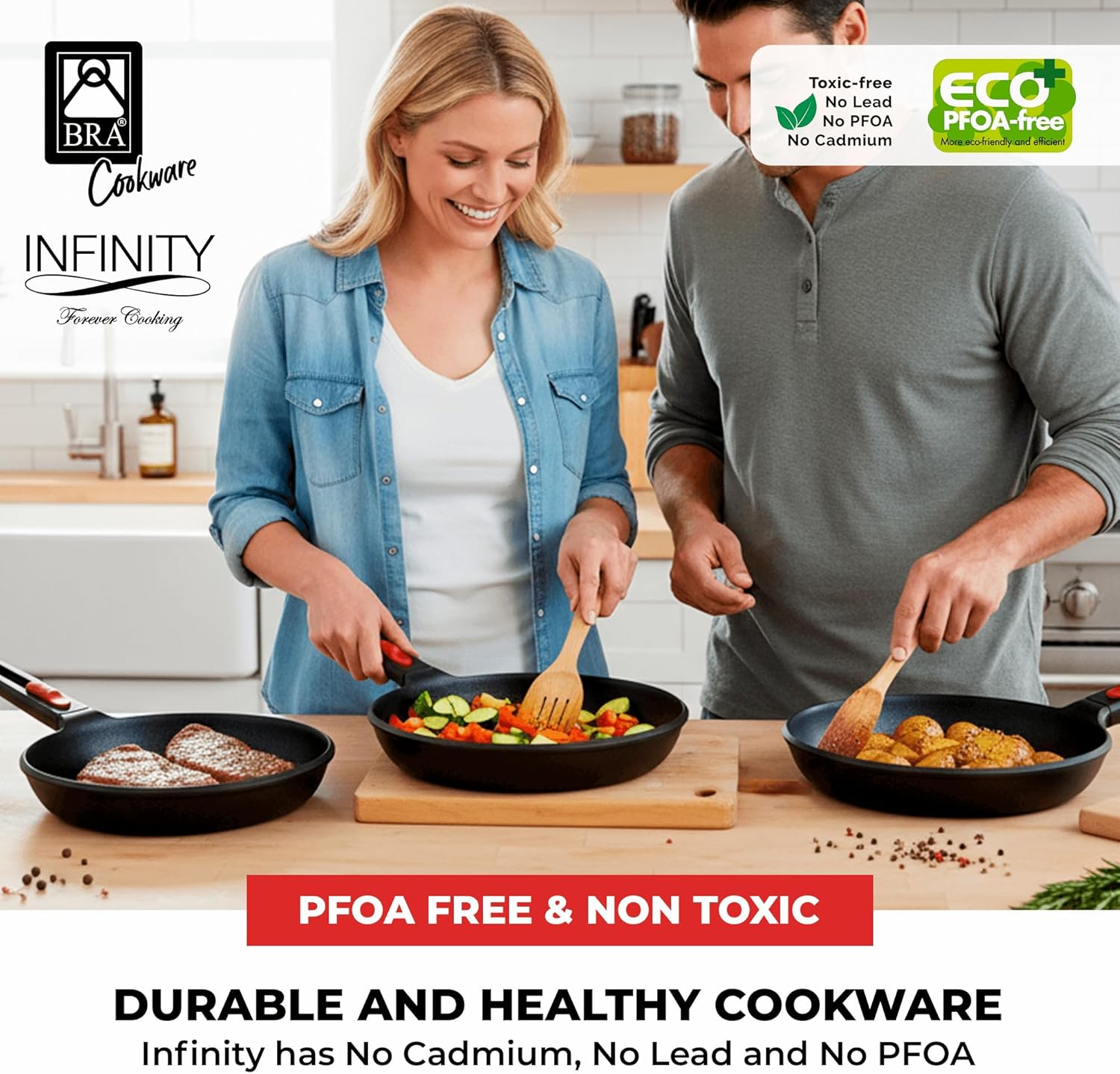 BRA COOKWARE Infinity 3-Piece Nonstick Frying Pan Set | 8, 9.5 & 11 Inch Cast Aluminum Skillet Set | Removable Handle | PFOA/PFAS Free Fry Pans | All Cooktops incl. Induction | Oven Safe Skillets