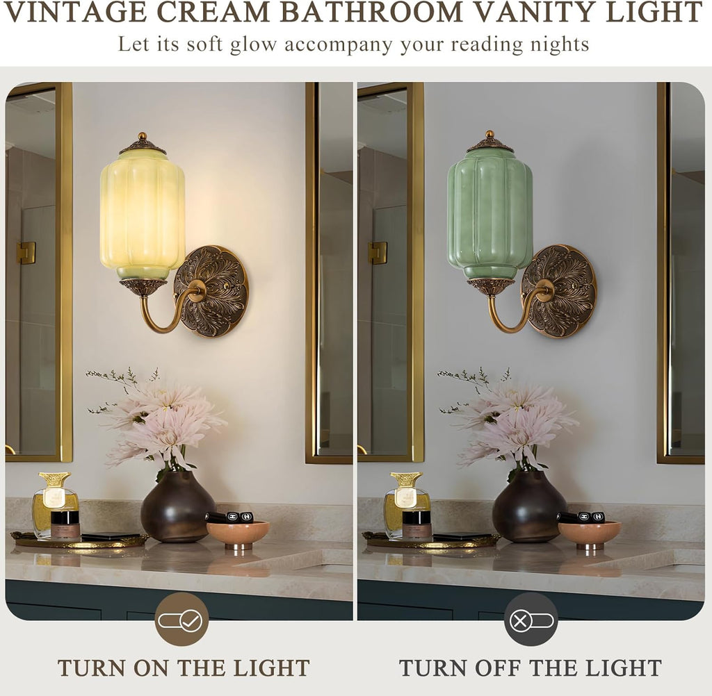 Vintage Gold Milk Glass Wall Sconce, Wall Light Set of Two - Vintage Green Shade & Brass Finish Base, Indoor Hardwired Wall Lighting Fixture for Foyers, Bedroom, etc (Bulbs Included)- Green