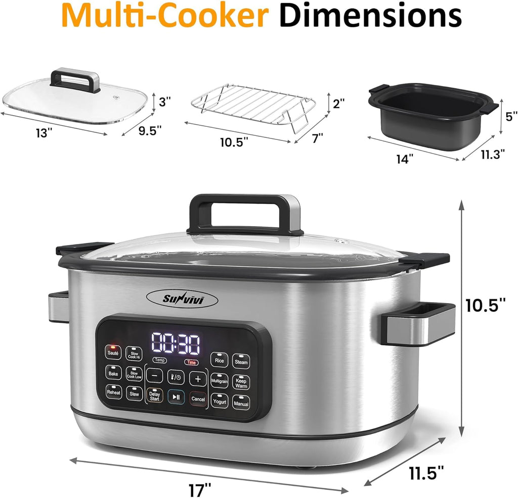 Sunvivi 12-in-1 Multi Cooker, 6.5QT Programmable Slow Cooker with Timer & Temp Control, Auto Warm Setting, Delay Start, Dishwasher Safe Lid & Removable Nonstick Crock, Stainless Steel Rack, Sliver