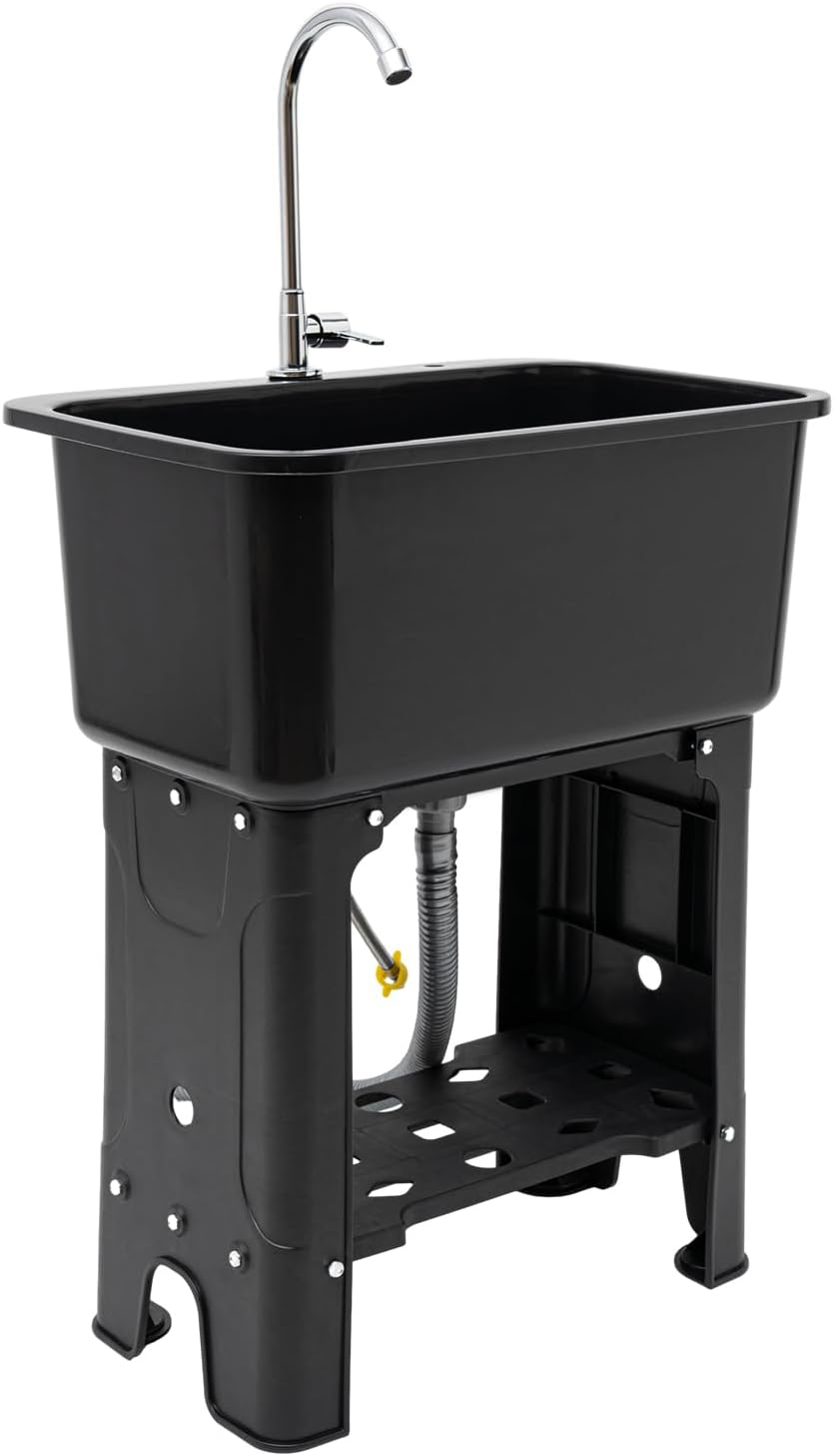 Utility Sink with Faucet for Laundry Room and Garage, Plastic Bathroom Laundry Sink Freestanding Laundry Tub Outdoor Sink Ideal for Workshop, Bathroom, Kitchen, 24" W x 16" D x 30" H (Black)