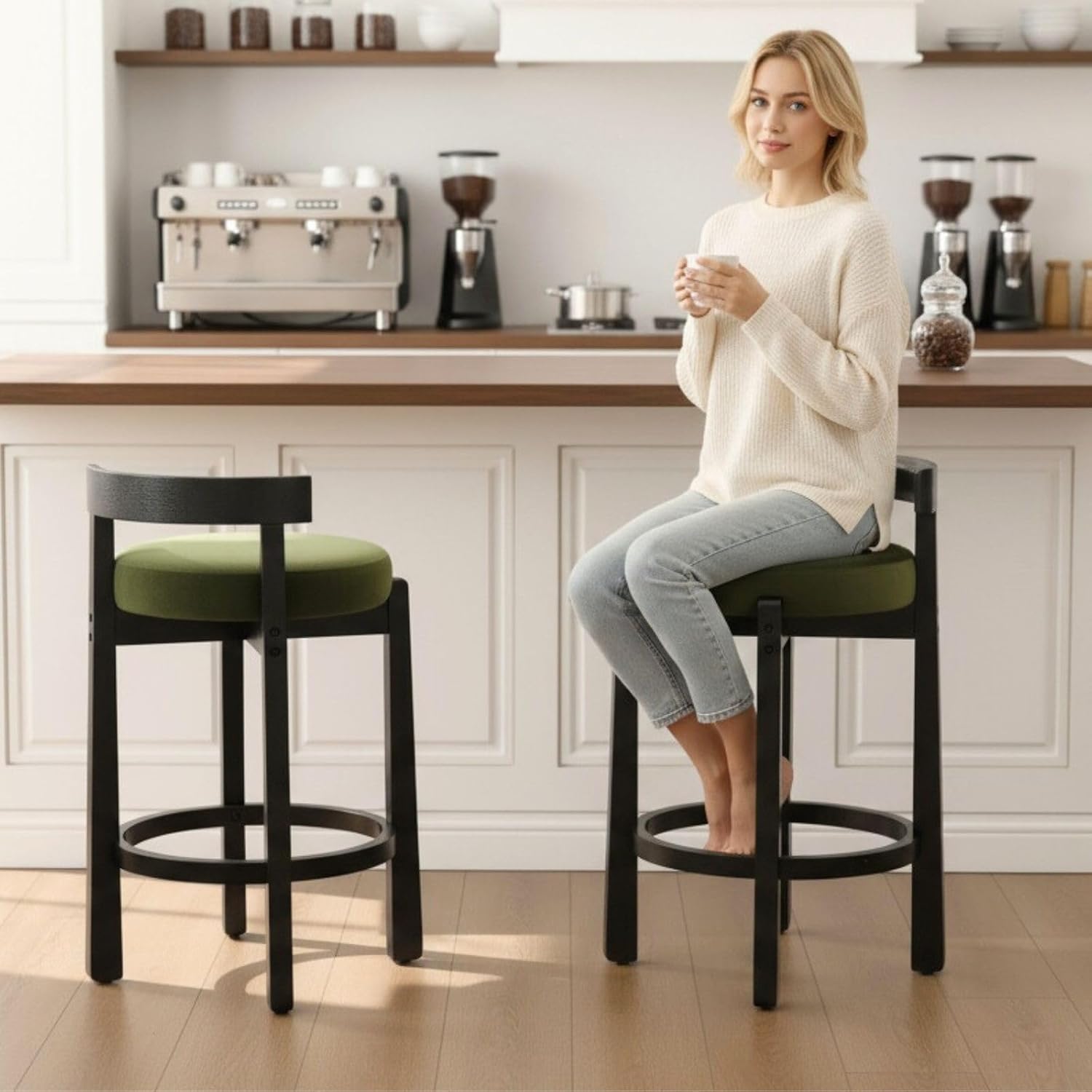 LukeAlon Mid Century Velvet Counter Stools Set of 6, Upholstered 26.5” Seat Height Barstools with Black Wood Legs Retro Modern Round Kitchen Stools with Footrest for Dining Room Bar Coffee Shop, Green