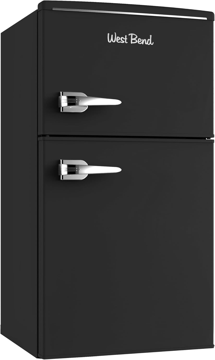 West Bend Mini Fridge with Freezer for Bedroom, Office, Bar or Dorm Room, Retro Compact Refrigerator features Glass Shelves, Manual Defrost and Adjustable Temperature Control, 3.1-Cu.Ft., Black