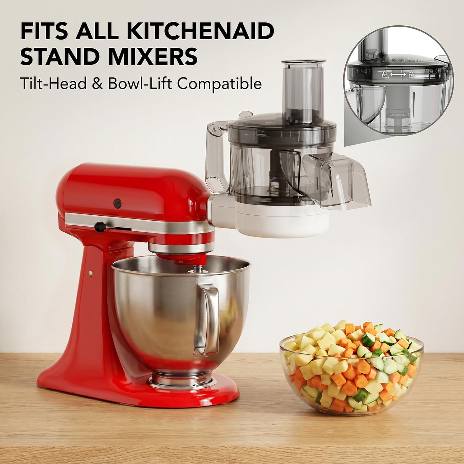 GVODE 5-in-1 Food Processor Attachment for KitchenAid, Multifunctional Chopper with Dicing/Slicing/Shredding/Strip Cutting/Sauce Discs and Storage Case