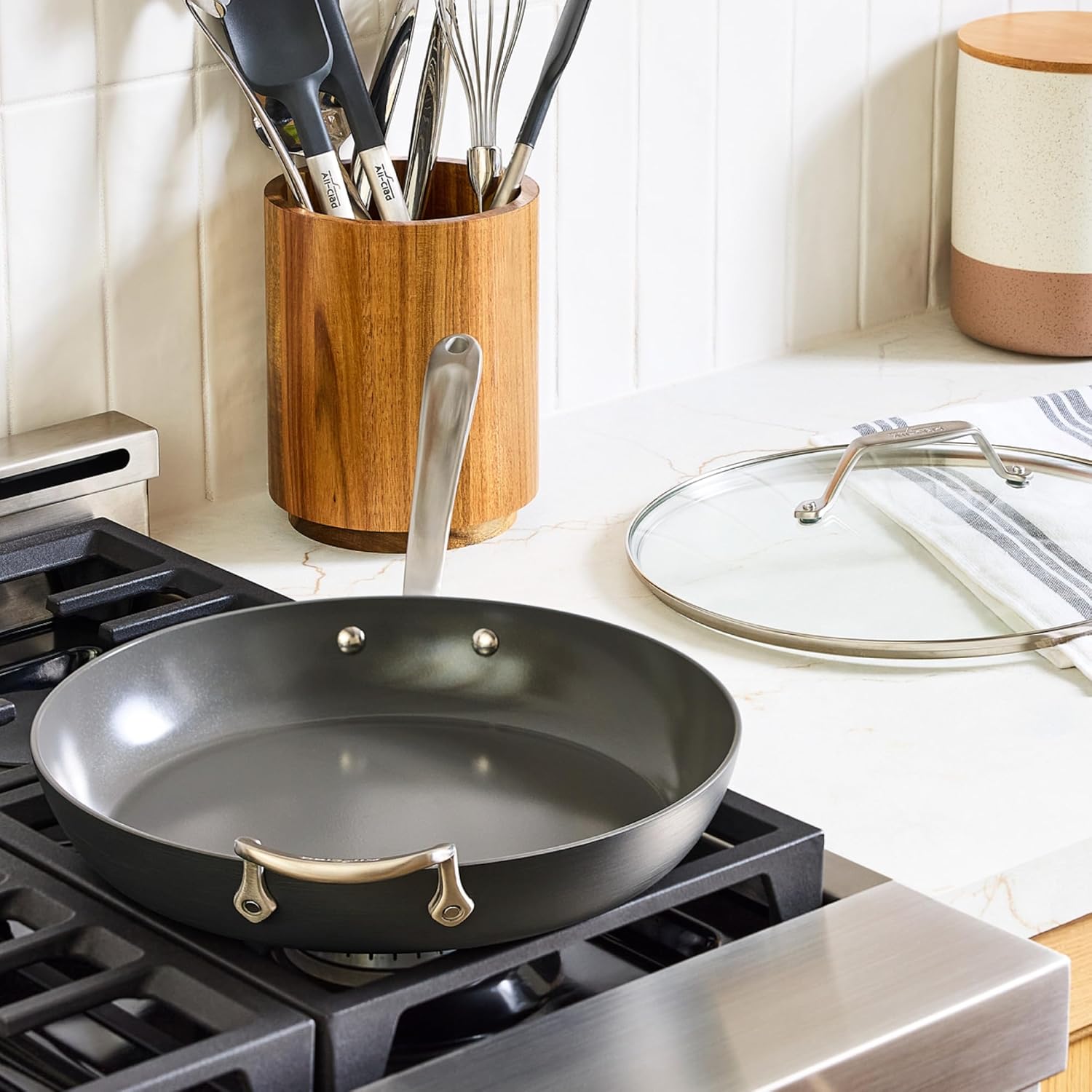 All-Clad HA1® Ceramic Nonstick, Frying Pan Set with Lid, 12 inch - Oven Safe up to 450° & Compatible with All Stovetops (Gas, Electric & Induction), Light Grey