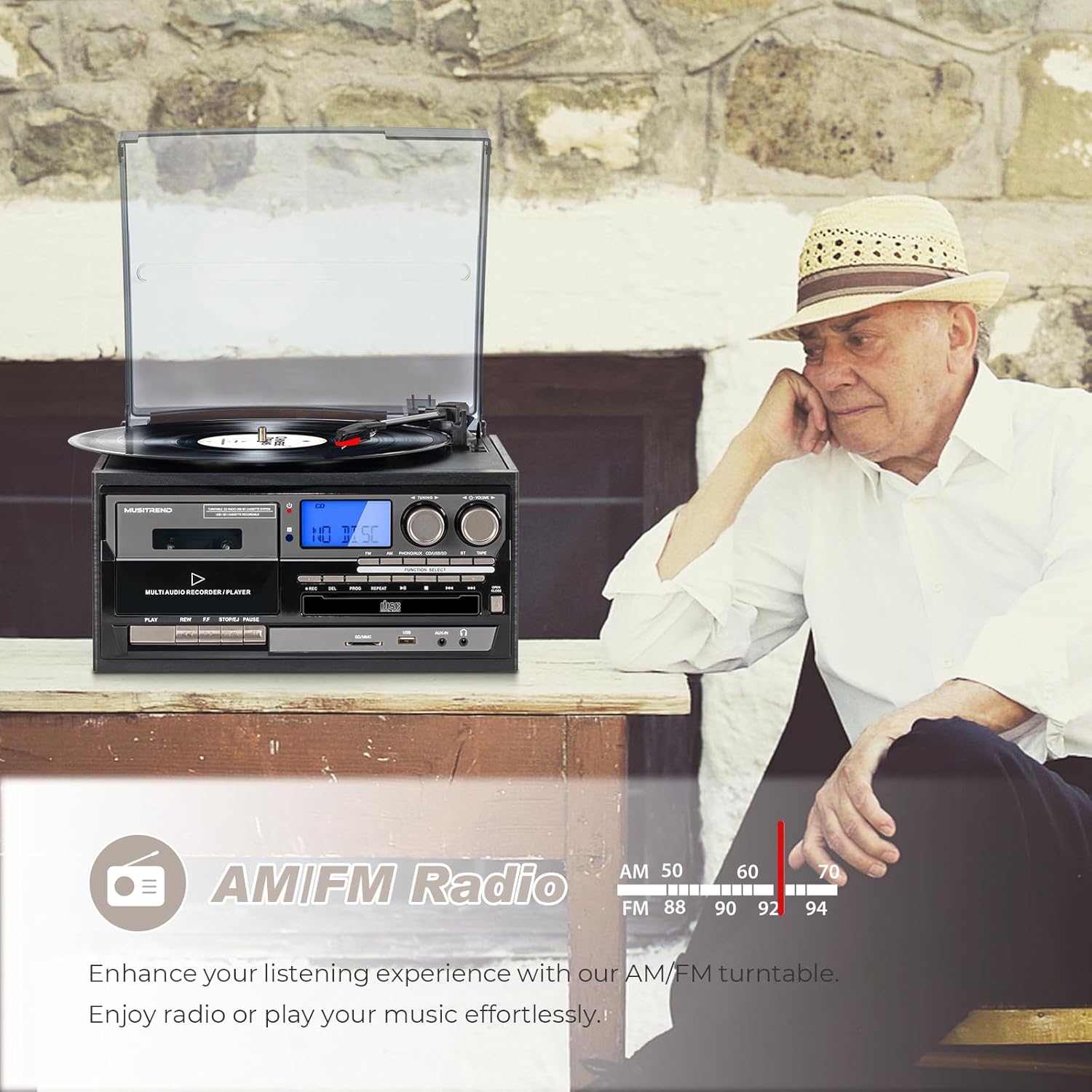 9-in-1 Vintage Bluetooth Record Player for Home Entertainment, 3-Speed Turntable with AM/FM Radio, CD & Cassette, USB/SD/MMC Input, Built-in Stereo Speakers, Remote Control, Aux in & RCA Line Out
