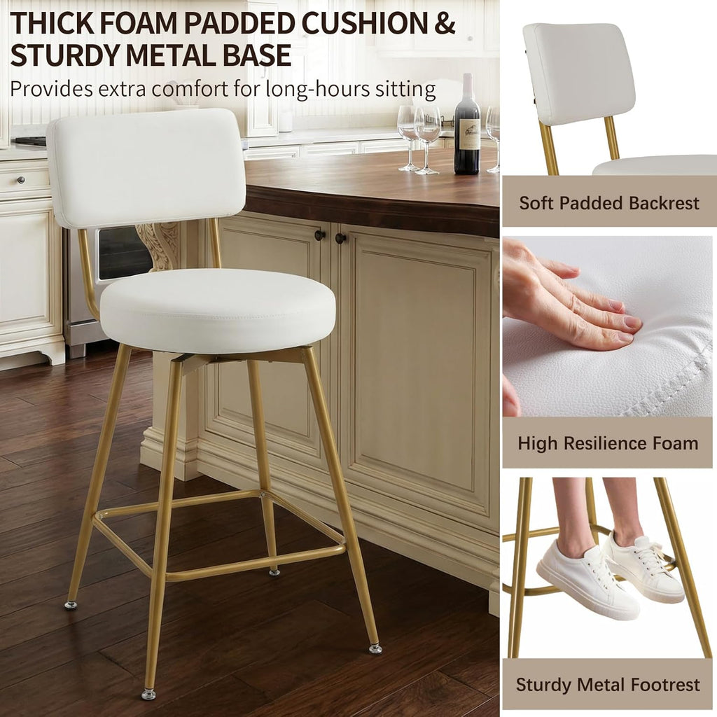 Gold White Counter Height Bar Stools Set of 2, Modern Swivel Bar Stools with Back, 25 Inch PU Leather Barstools Bar Chair Island Stool for Kitchen Counter, White Gold