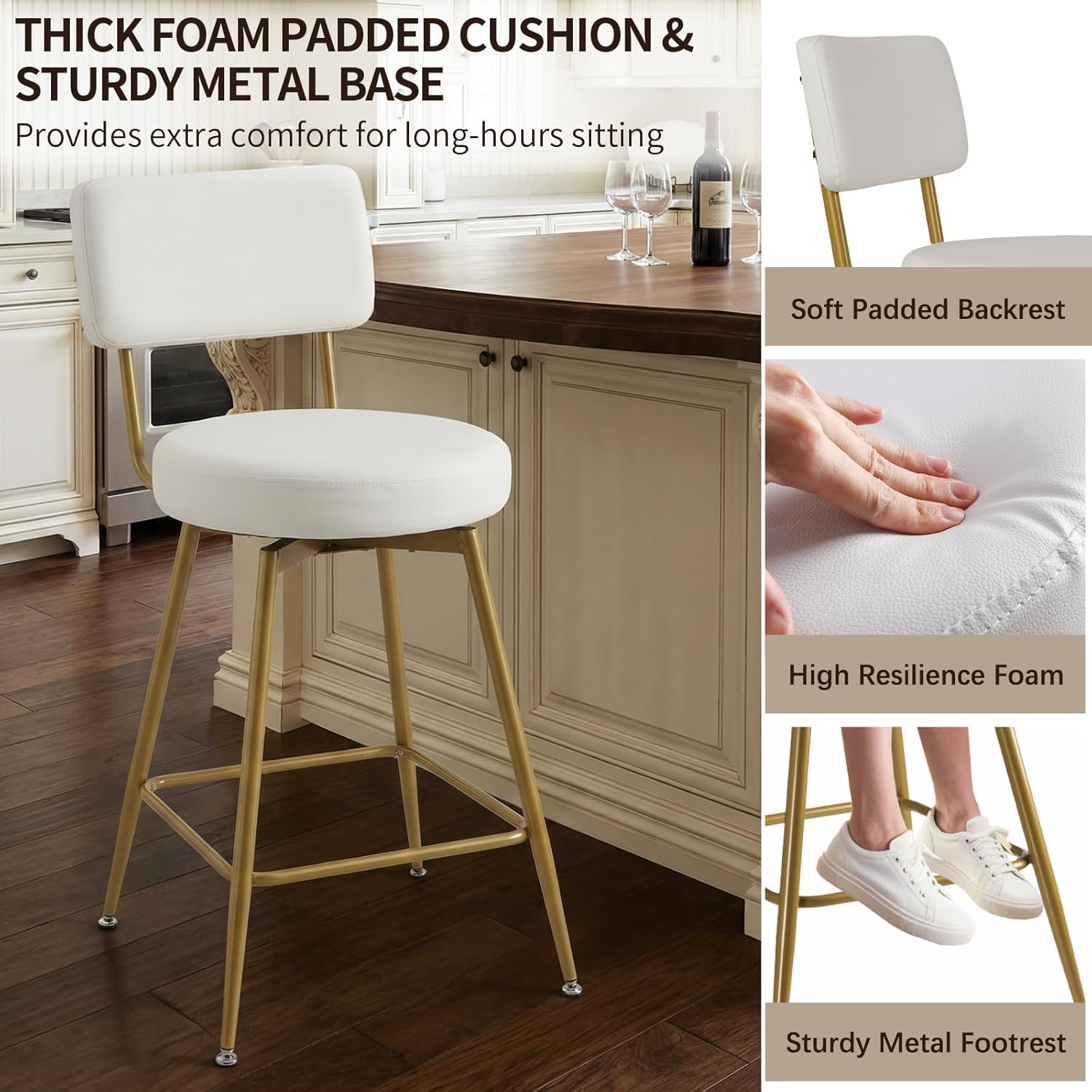 Gold White Counter Height Bar Stools Set of 2, Modern Swivel Bar Stools with Back, 25 Inch PU Leather Barstools Bar Chair Island Stool for Kitchen Counter, White Gold