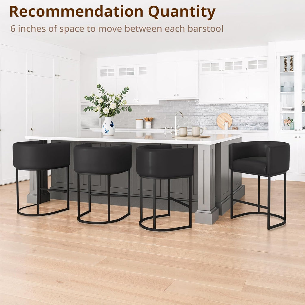 LUE BONA 27" H Counter Height Bar Stools Set of 3, Modern Barrel Counter Stools with Backrest and Arms, Black Metal Frames,Faux Leather Upholstered Accent Barstools for Kitchen Island,Black