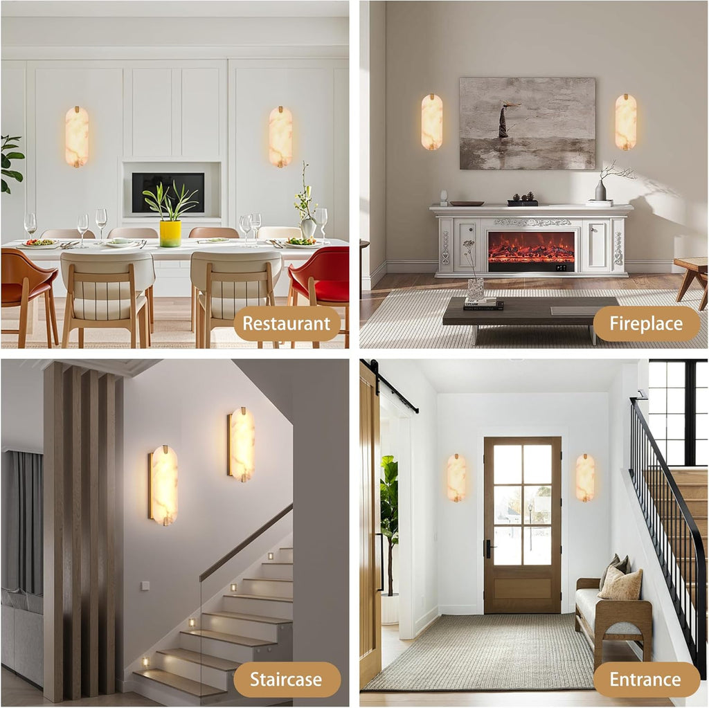 14.17in Alabaster Wall Sconces, Natural Marble Wall Light, Modern LED Alabaster Sconces for Living Room Indoor Wall Lamps for Dining Room Stairs Bedroom,Brushed Gold
