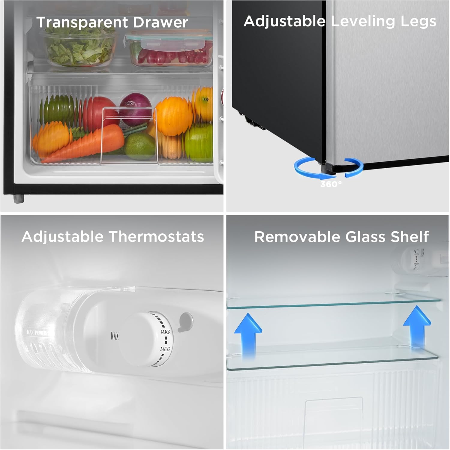 Midea WHD-113FSS1 Double Door Mini Fridge with Freezer for Bedroom Office or Dorm with Adjustable Remove Glass Shelves Compact Refrigerator, 3.1 cu ft, Stainless Steel