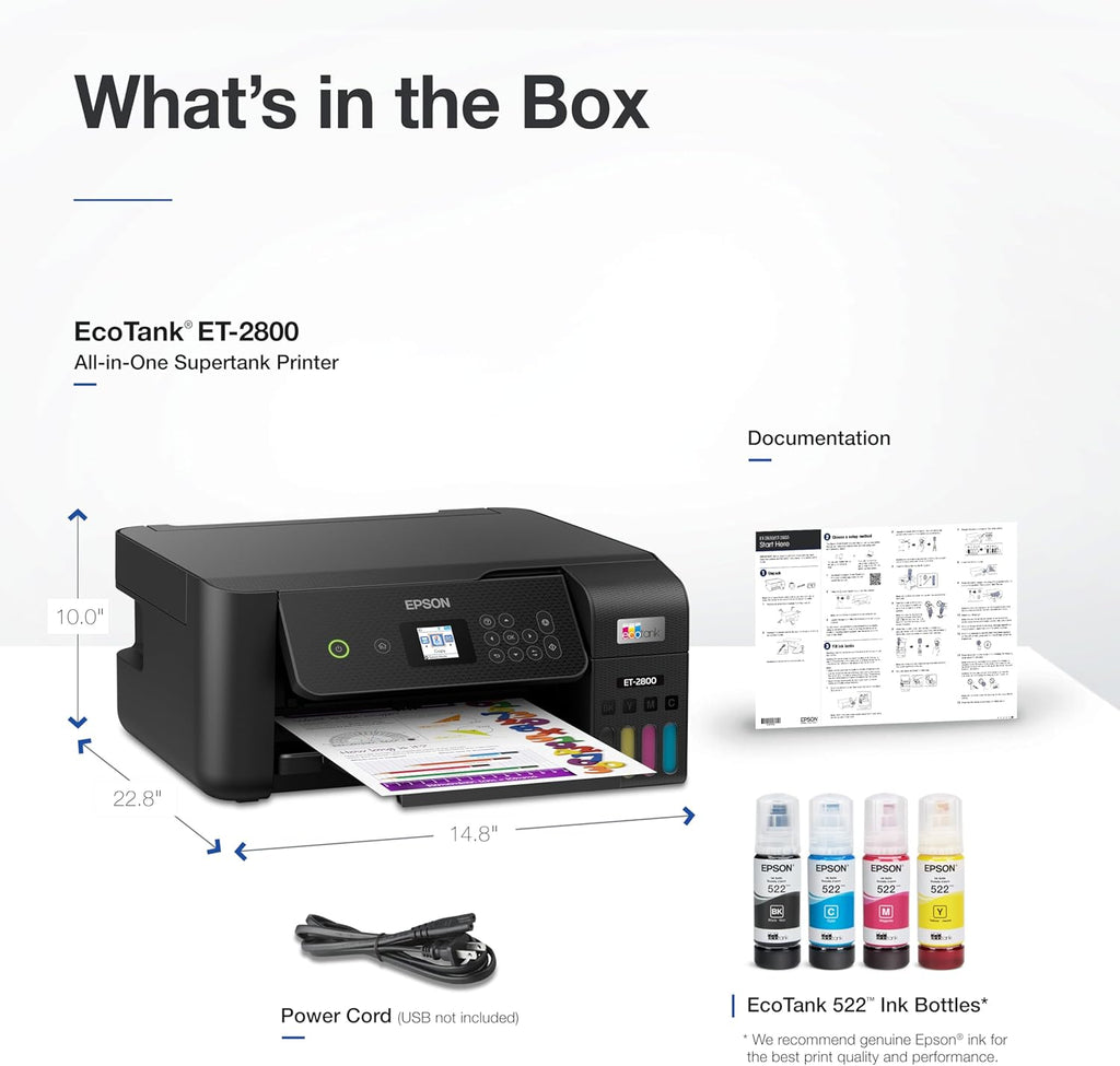 Epson EcoTank ET-2800 Wireless Color All-in-One Cartridge-Free Supertank with Scan and Copy, The Ideal Basic Home Printer - Black