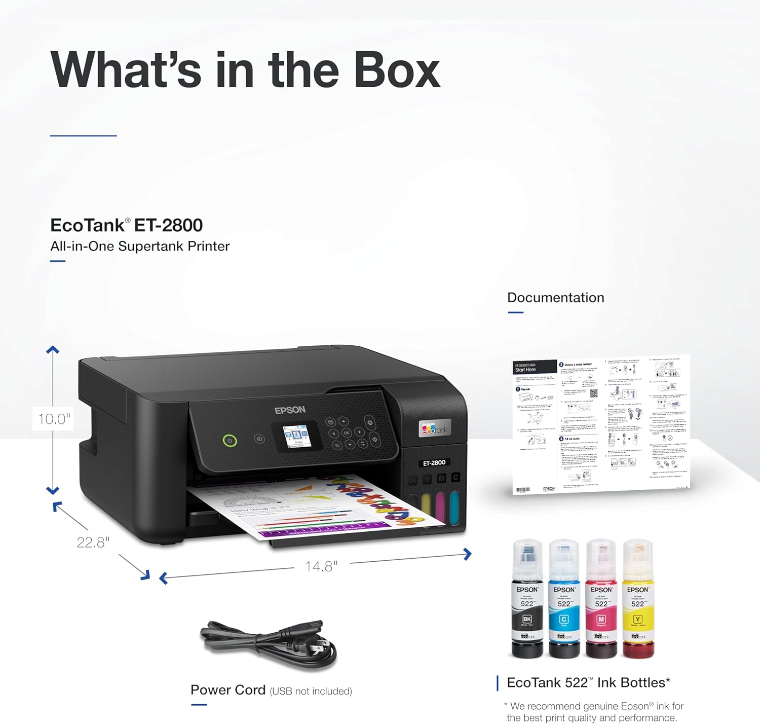 Epson EcoTank ET-2800 Wireless Color All-in-One Cartridge-Free Supertank with Scan and Copy, The Ideal Basic Home Printer - Black