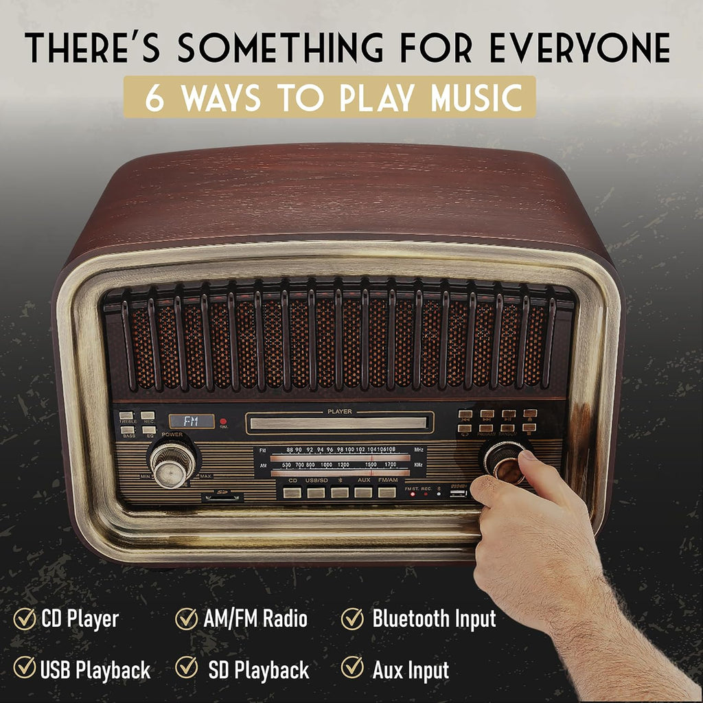 SoundBeast All-in-One AM/FM Radio with CD Player, Bluetooth Input, USB Playback & Recording, SD Card Playback, Aux Input, Built-in Speakers, Handmade Wooden Exterior