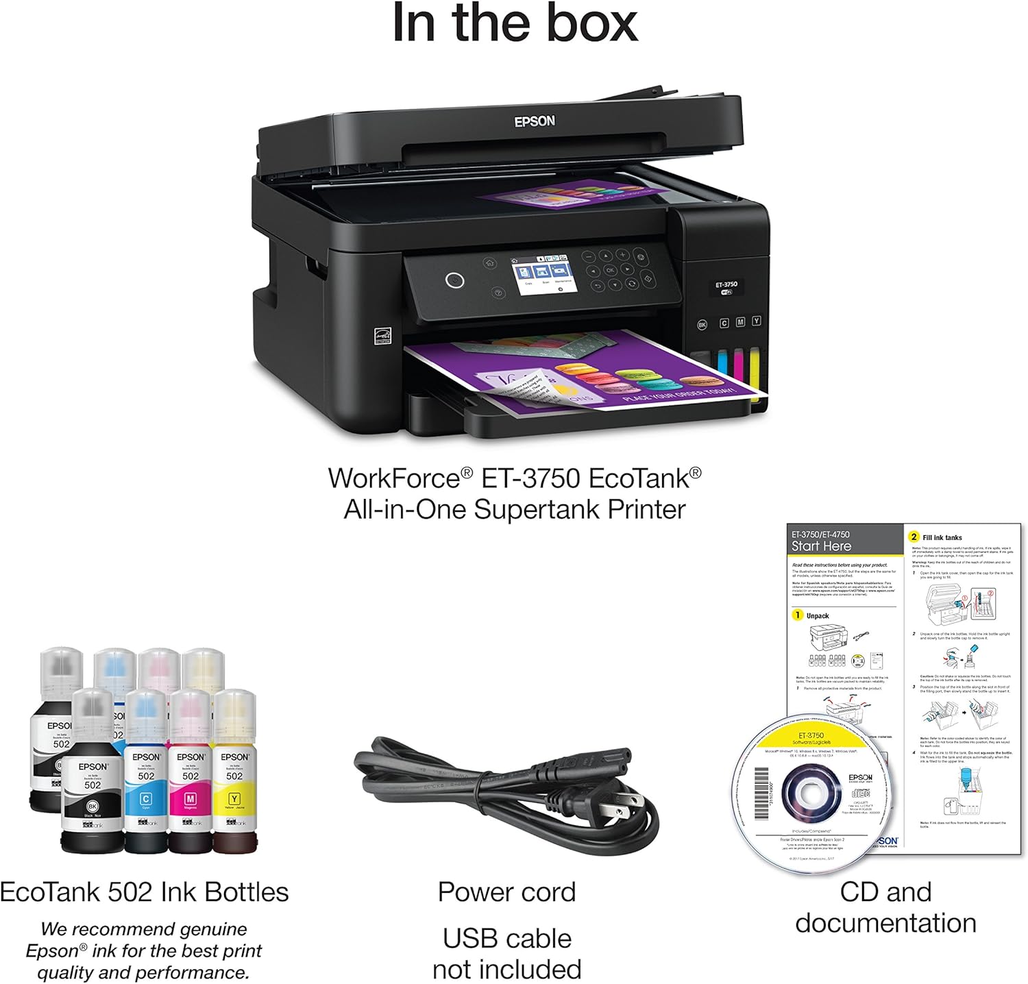 Epson Workforce ET-3750 EcoTank Wireless Color All-in-One Supertank Printer with Scanner, Copier and Ethernet