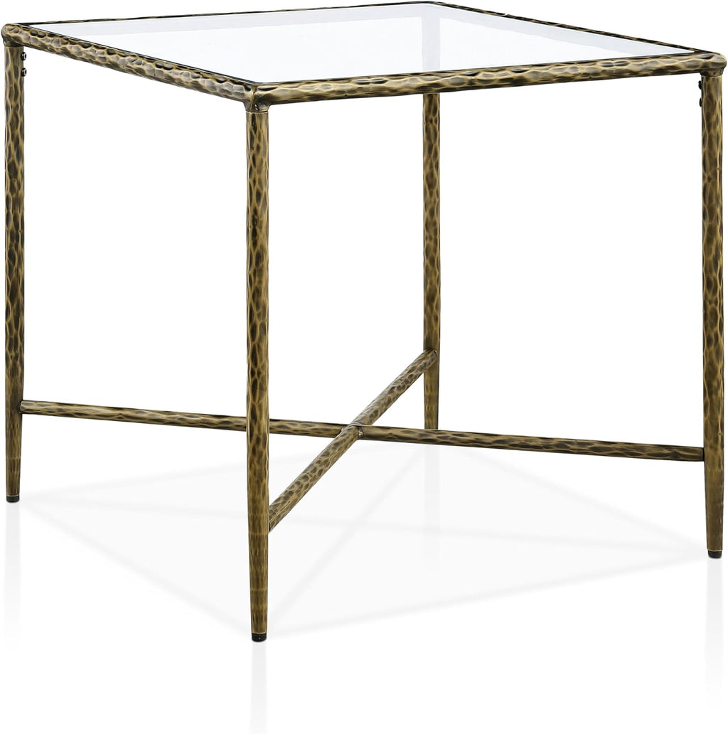 24/7 Shop at Home Lalia Modern Square End Table with X-Brace Metal Base, Tempered Glass Top, Hammered Steel Frame for Living Room, Matte Gold