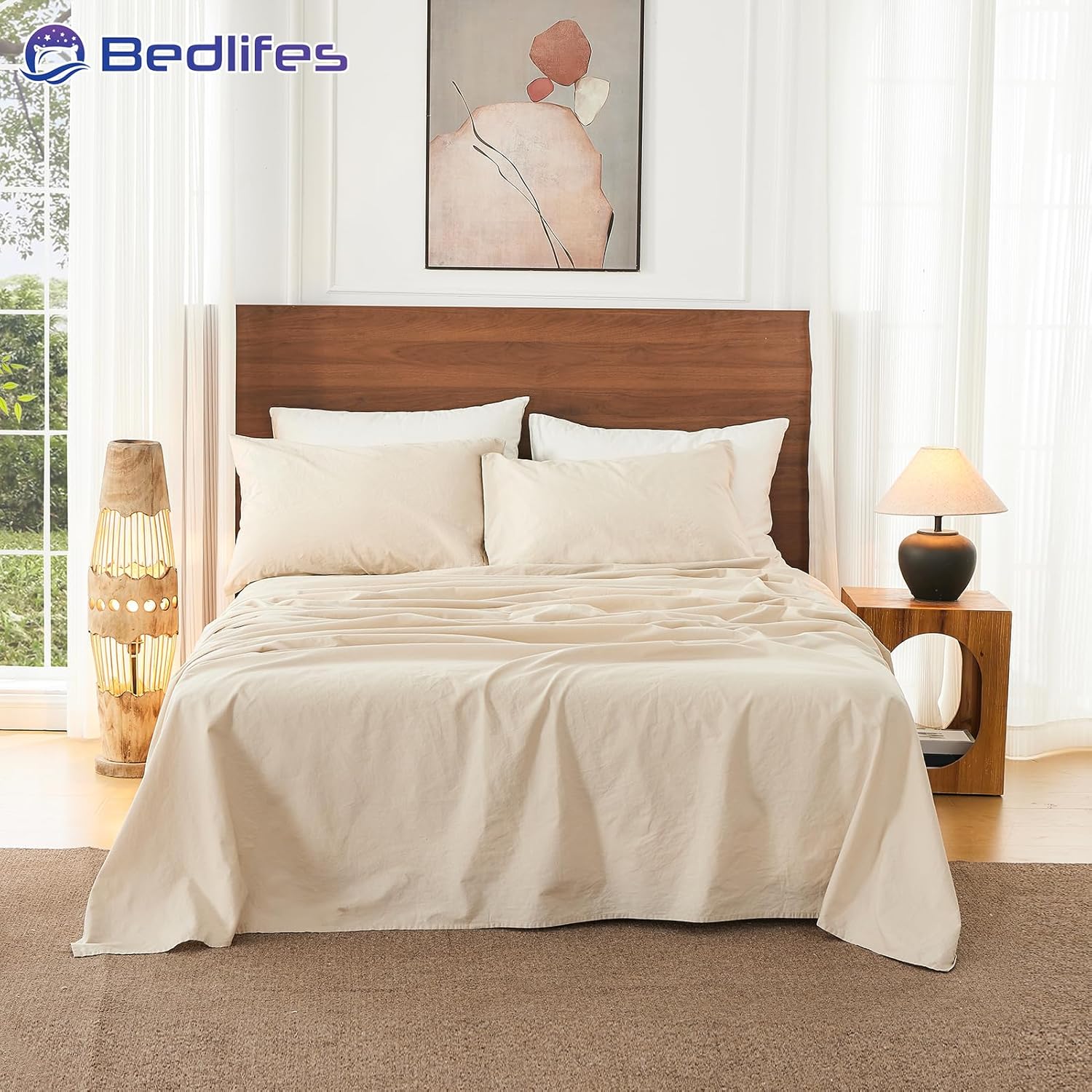 Bedlifes 100% French Pure Linen Sheets Queen Size Breathable and Cooling Flax Sheet Set Soft Durable and Moisture Wicking 16 Inch Deep Pocket-4 Piece(Queen,Linen)