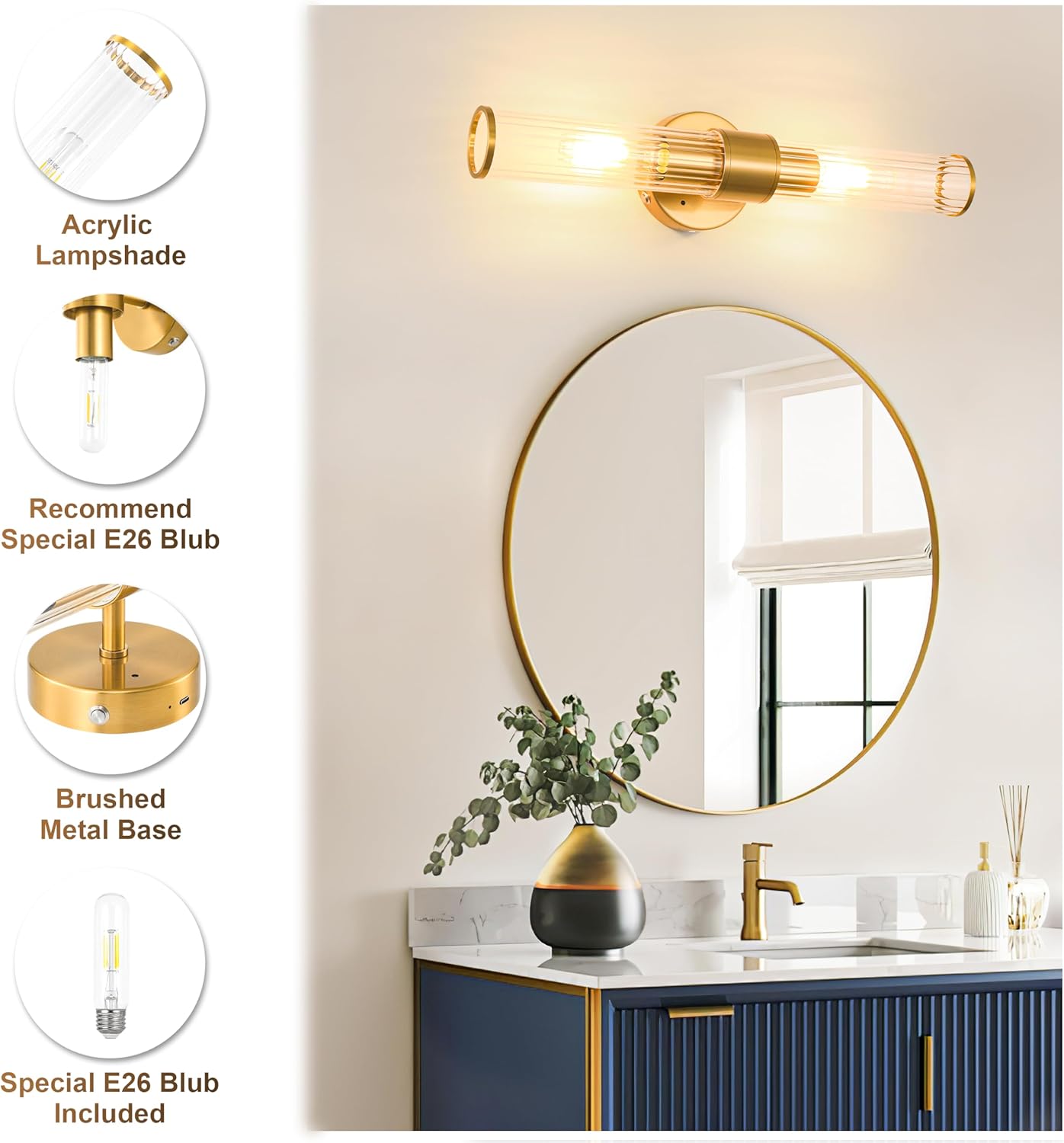 Morauroral Gold Battery Operated Wall Sconces Set of Two, Rechargeable Wall Sconce with Dimmable Remote Control, 20 Inch Wireless Sconce Wall Light for Bedroom, Living Room (Bulbs Included)