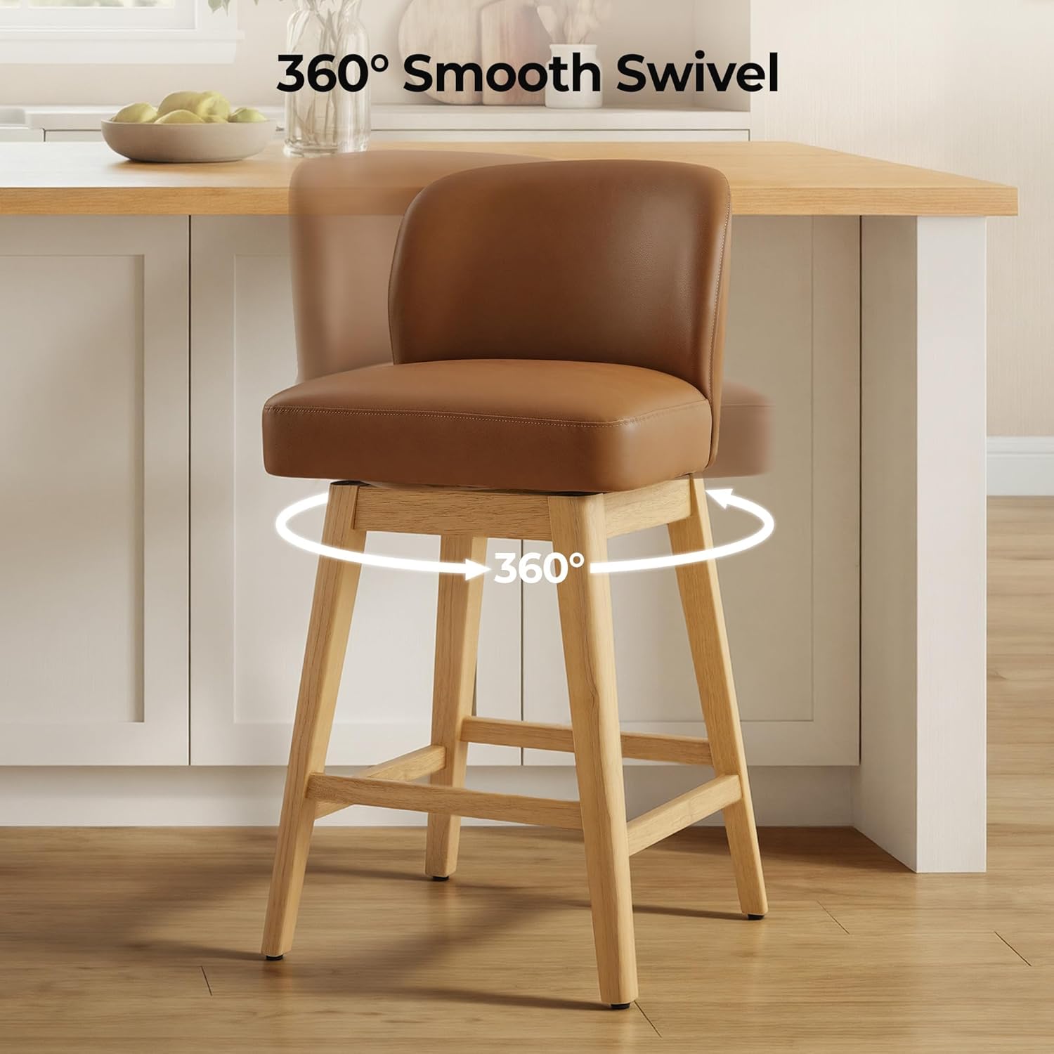 CHITA 26.8" Swivel Counter Height Bar Stools, Modern Upholstered Counter Stools with Back and Wood Legs for Kitchen Island, Home Bar, Set of 2, Saddle Brown Faux Leather