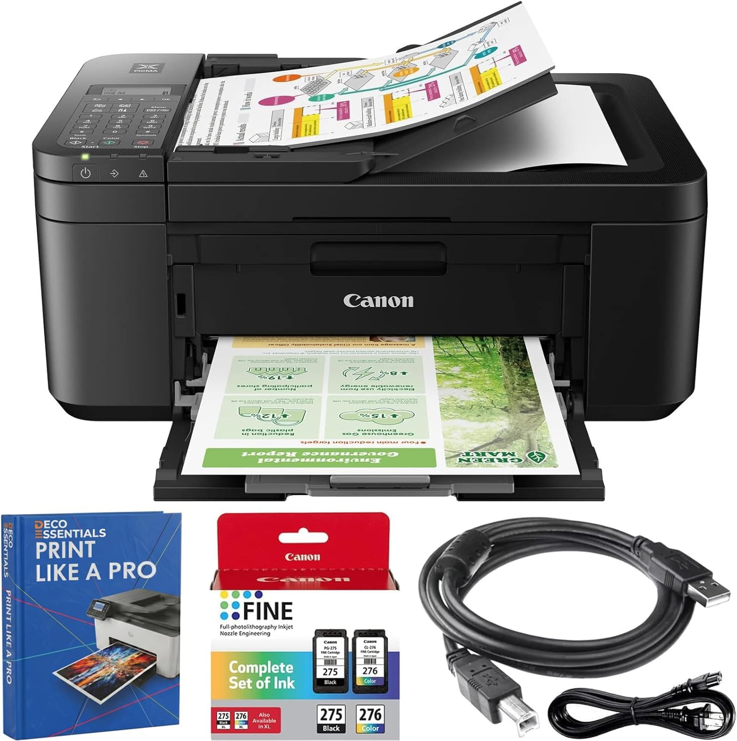 Canon PIXMA TR4720 All-in-One Wireless Printer with Auto Document Feeder, Mobile Printing, Copy, Fax and Scanner Black 5074C002 Bundle with DGE USB Connection Cable + Print Like A Pro Guidebook Kit