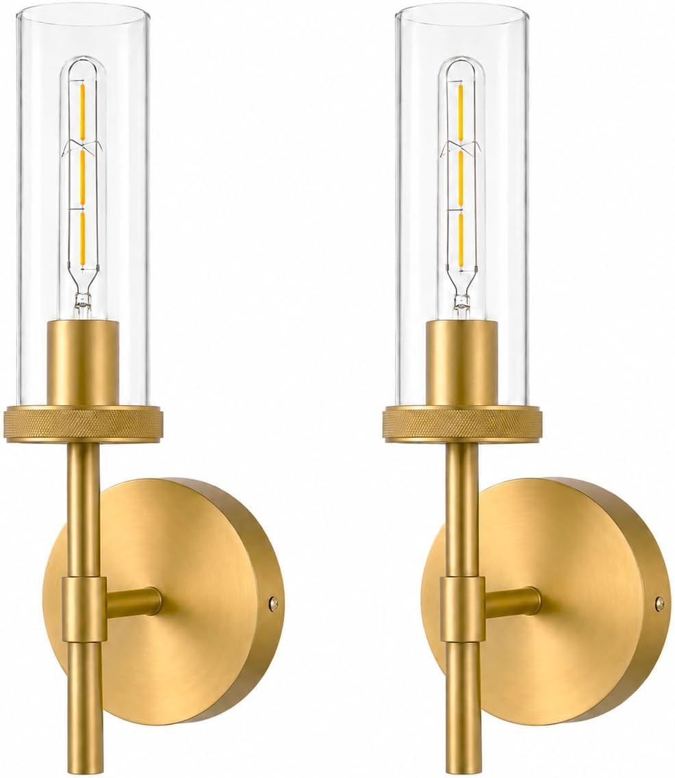 15 Inch Brushed Gold Sconces Set of 2, Brass Gold Bathroom Wall Sconces with Clear Glass Shade Hardwired (Bulb Included)