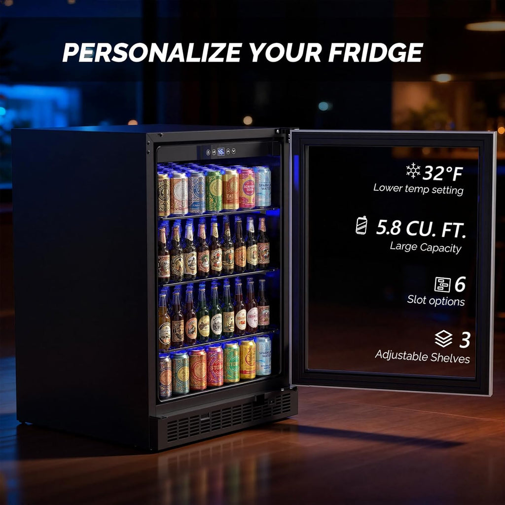 ROVSUN 24 Inch Beverage Refrigerator, 5.8 Cu.Ft. Under Counter Beverage Fridge with Glass Door and Touch Temperature Control for Soda, Beer, Built-in or Freestanding Cooler for Kitchen, Bar, Office