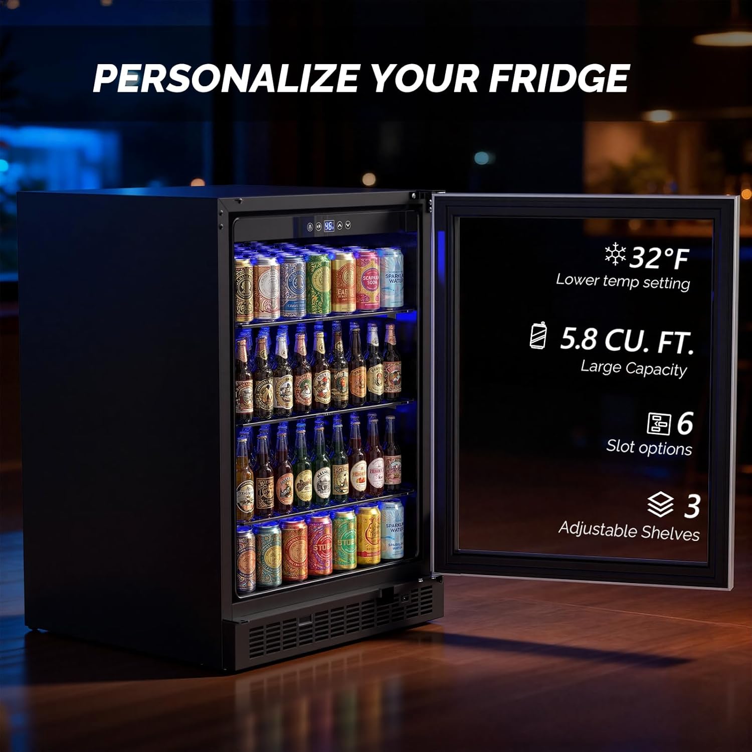 ROVSUN 24 Inch Beverage Refrigerator, 5.8 Cu.Ft. Under Counter Beverage Fridge with Glass Door and Touch Temperature Control for Soda, Beer, Built-in or Freestanding Cooler for Kitchen, Bar, Office
