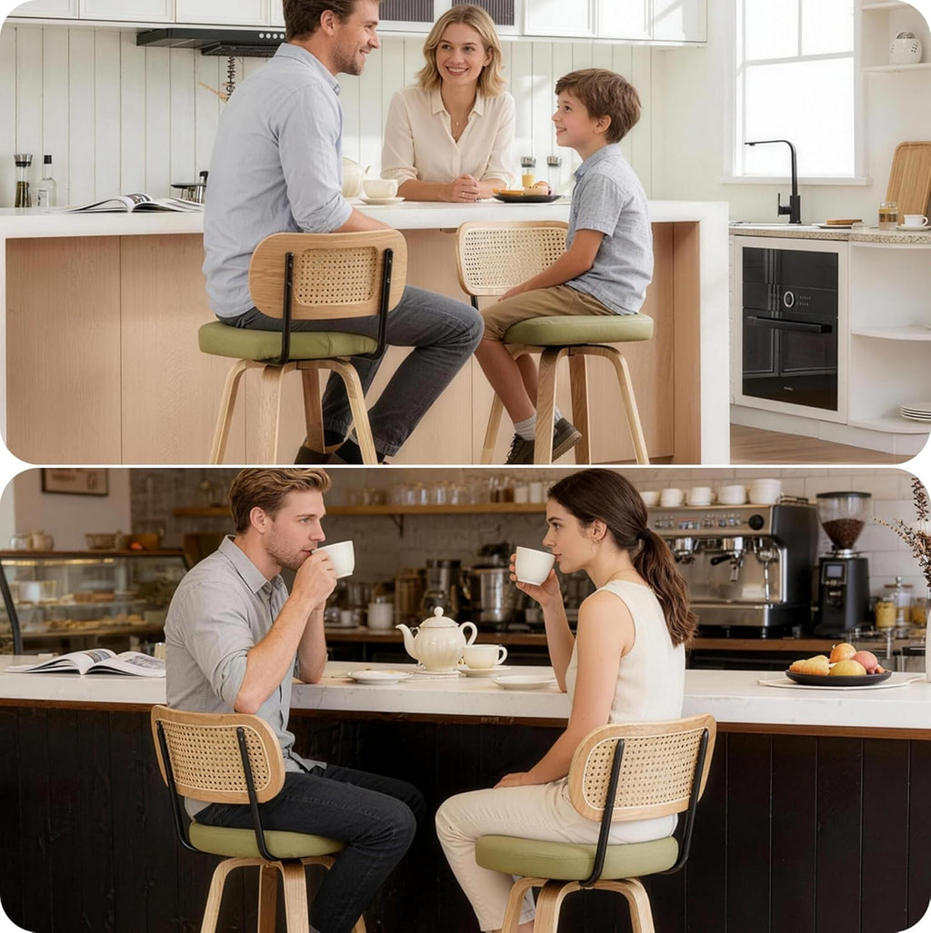 Rattan Bar Stools Set of 2,Upholstered PU Leather, 26'' Counter Height Barstools with Back and Wood Legs,360°Swivel,Mid-Century Modern Bar Stool for Kitchen Island Dining Room and Bar(Grass Green)