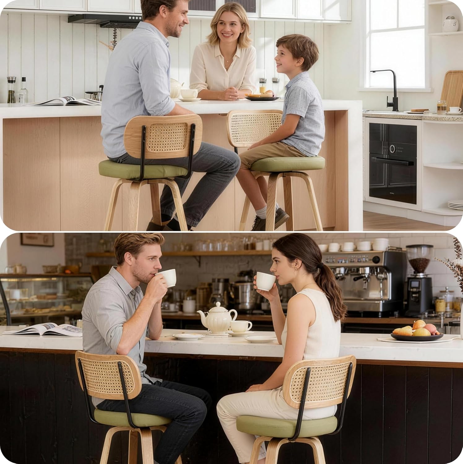 Rattan Bar Stools Set of 2,Upholstered PU Leather, 26'' Counter Height Barstools with Back and Wood Legs,360°Swivel,Mid-Century Modern Bar Stool for Kitchen Island Dining Room and Bar(Grass Green)