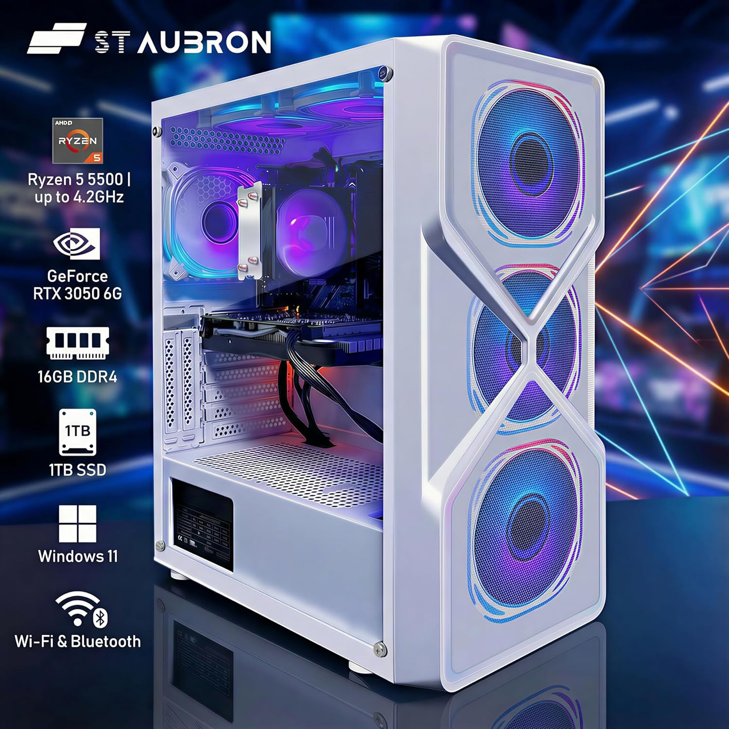 STGAubron Gaming PC Computer Desktop, AMD Ryzen 5 5500 up to 4.2GHz, GeForce RTX 3050 6G,16G DDR4, 1T SSD, WiFi 6 & BT 5.0, RGB Fan x6, Windows 11 Home,White