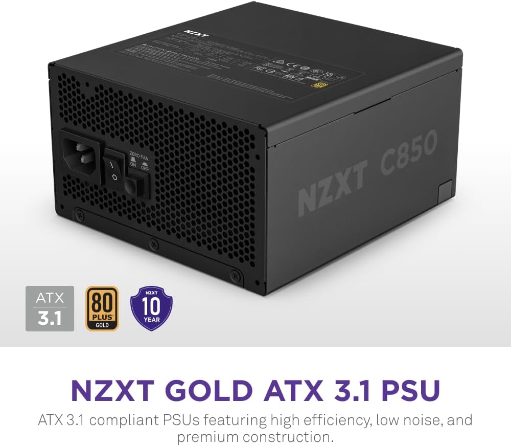 NZXT C850 Gold ATX 3.1 - Fully Modular Low-Noise PC Gaming Power Supply - 850 Watts - 80 Plus Gold - 12V-2x6 Connector - Zero Fan Mode - 100% Japanese Capacitors - Black