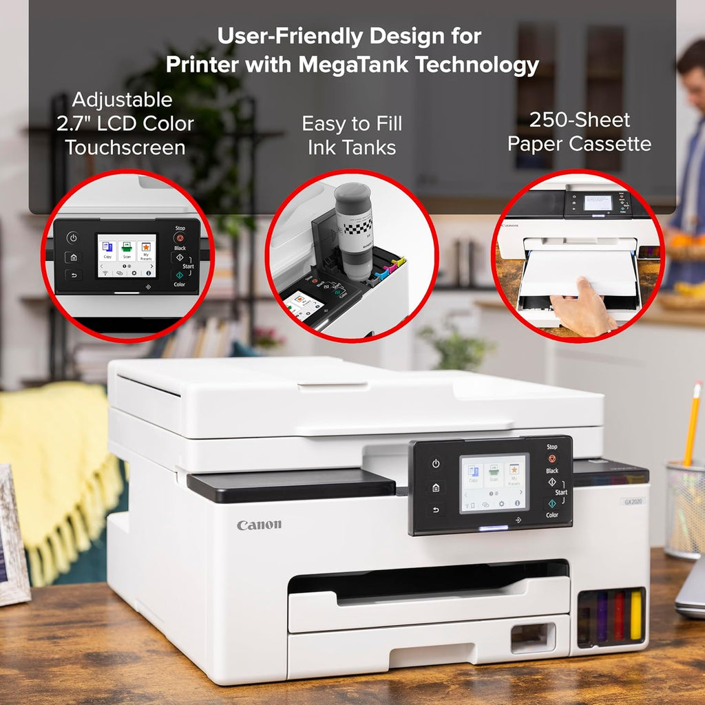 Canon MegaTank MAXIFY GX2020 All-in-One Wireless Color Printer – Print, Copy, Scan with Duplex Printing – Refillable Tank System, Compact Desktop Design – Wireless Print Scan Copy for Home & Office