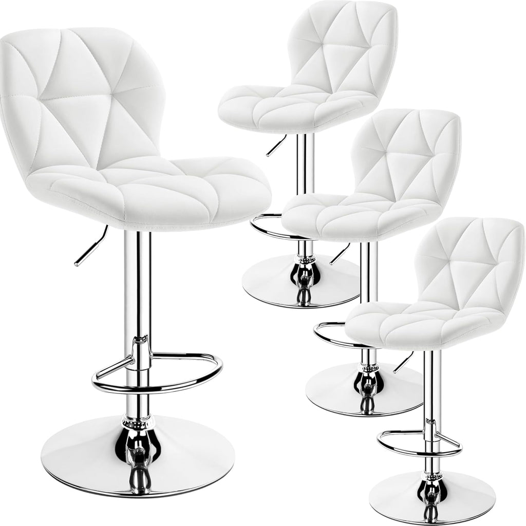 Yaheetech Bar Stools Set of 4, Modern Adjustable Kitchen Island Chairs with Back, 300 lbs Capacity PU Leather Swivel Counter Height Stools, White