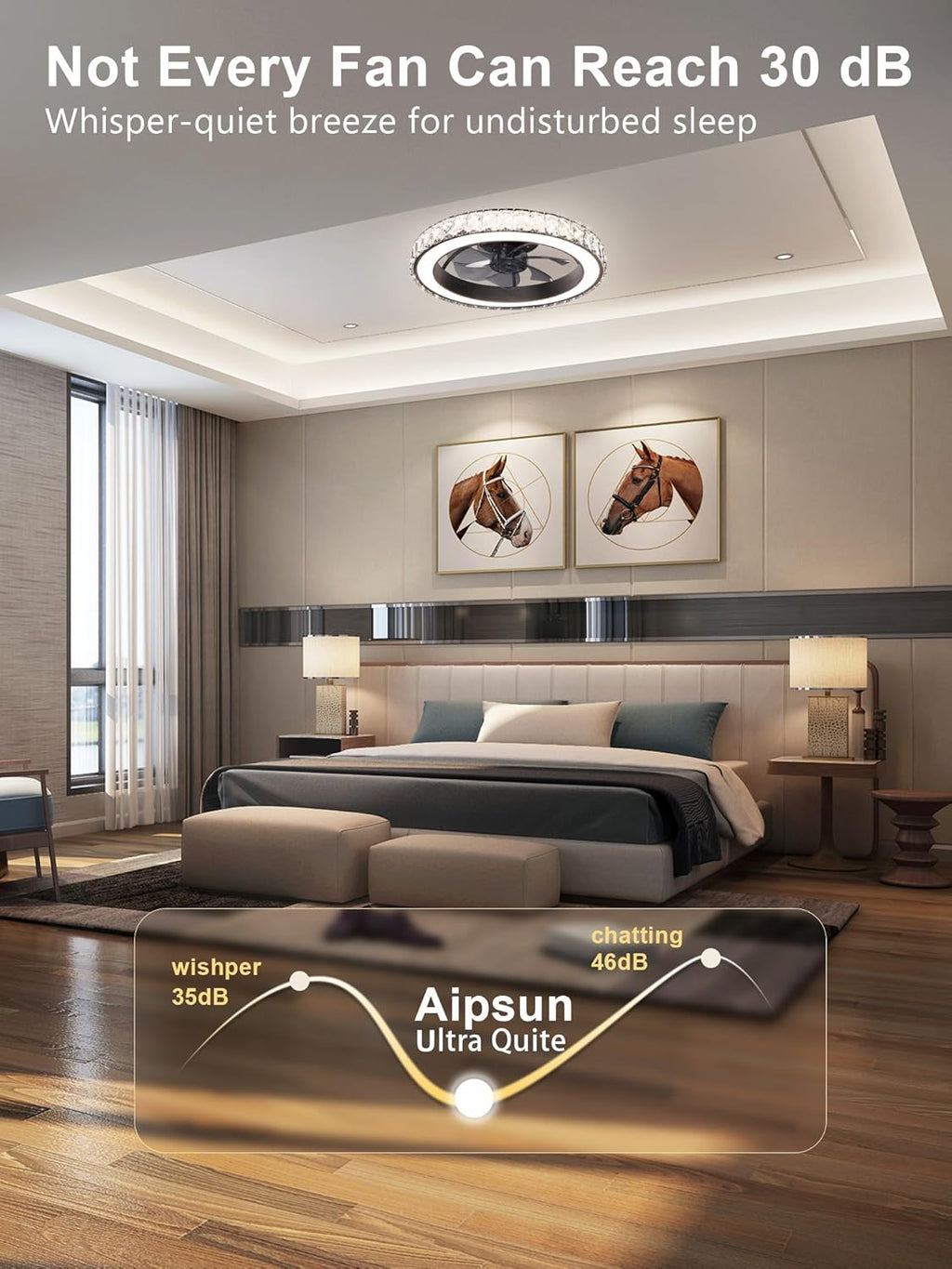 Aipsun Low Profile Modern Crystal Chandelier Ceiling Fans with Lights and Remote, 3000K-6500K Smart Bladeless LED Fan, 18" Black Modern Ceiling Fans with Lights for Bedroom