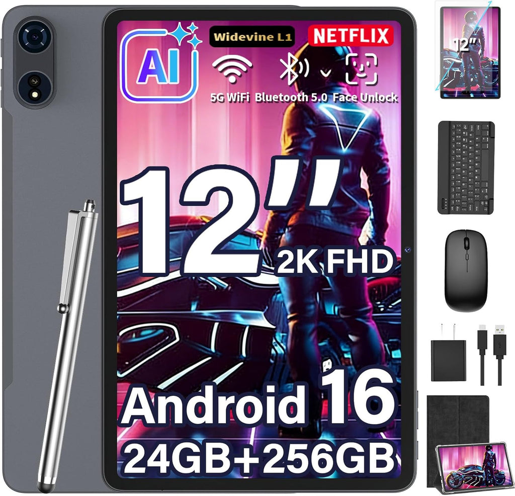 Upgraded 12 Inch Tablet, Android 16 Tablet with Keyboard Bundle, 24GB+256GB+2TB Expand, 2K Gemini AI Tablets PC with Octa-Core, 8000mAh, 16+8MP, 2 in 1 Large Tablets with Case, Mouse, Stylus (Black)