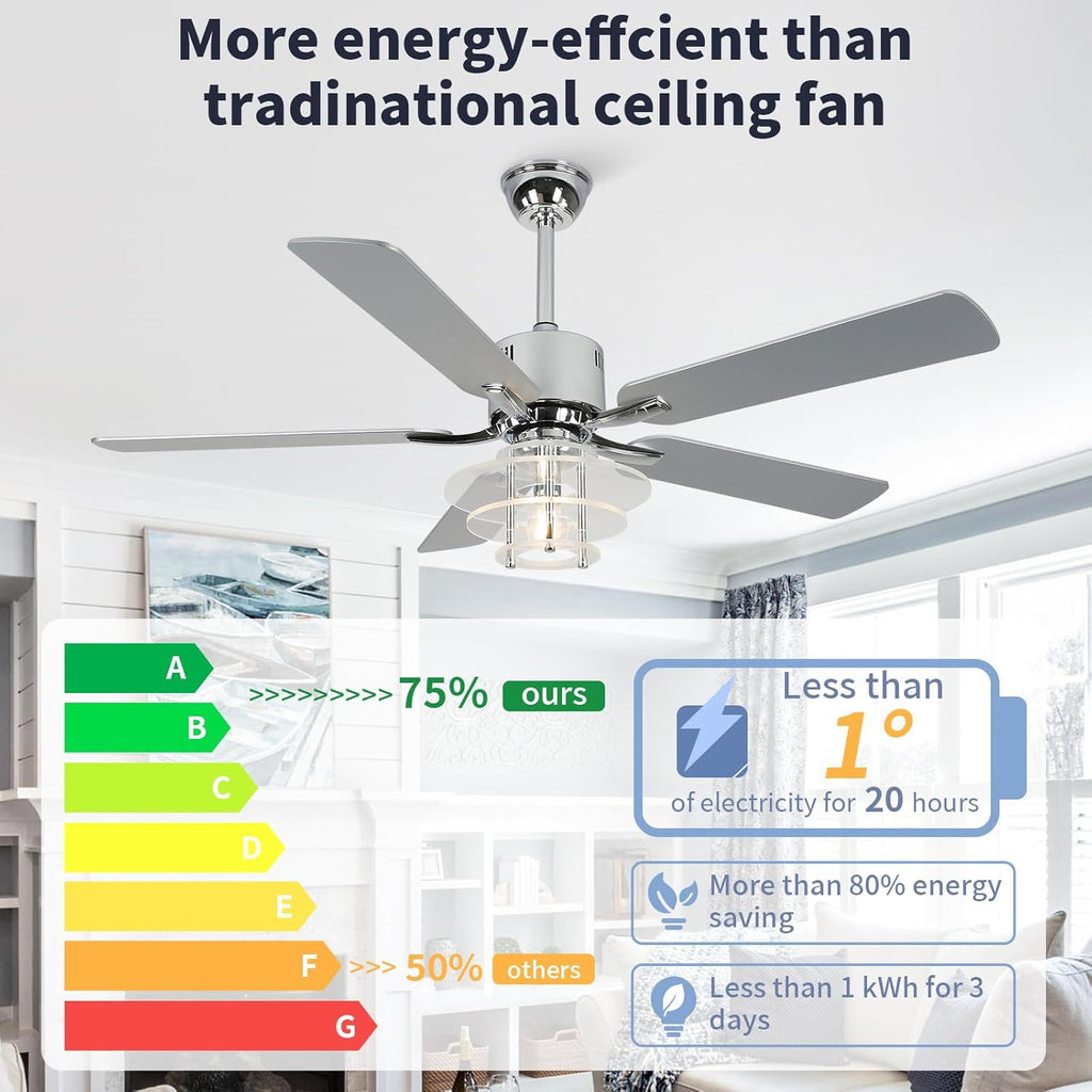 52" Ceiling Fan with Light Modern Chrome Chandelier Fan Reversible DC Motor Quiet Fandelier with 5 Blades for Bedroom, Living Room, Patios, Shop, Ventilador de Techo