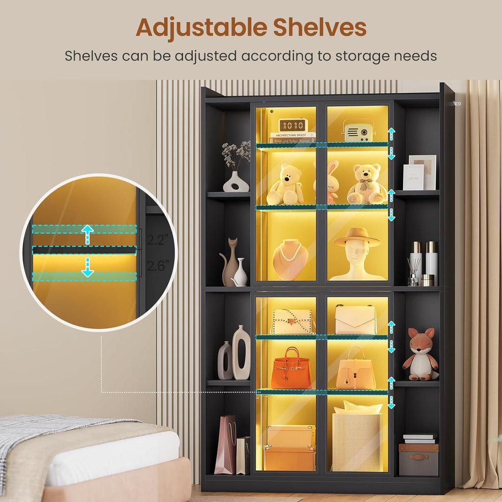 SEDETA 71" Display Cabinet with Acrylic Glass Doors, 6 Tier Display Cases for Collectibles, Curio Cabinet with LED Lights, Tall Bookcase with Adjustable Shelves, Black
