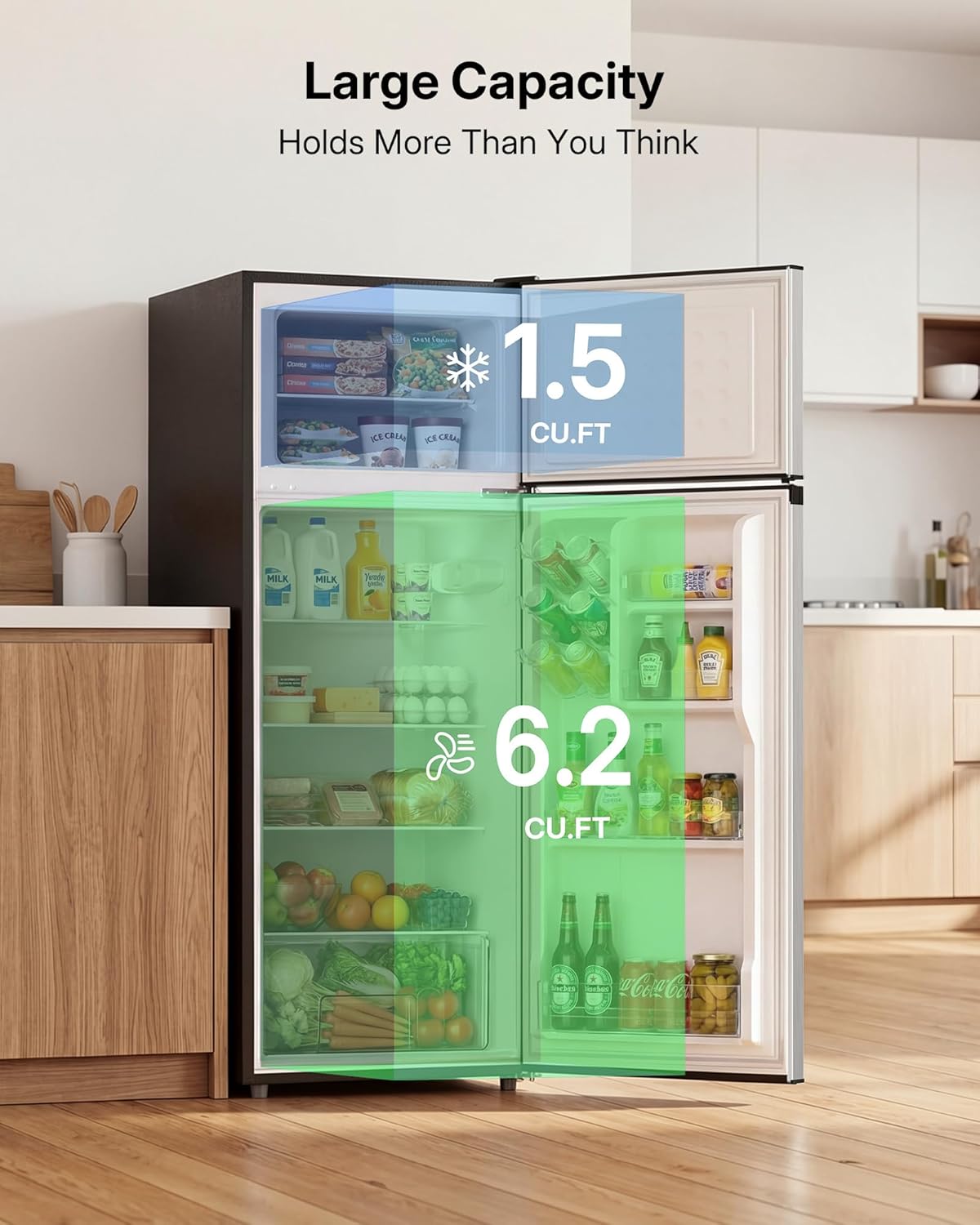 Upstreman 7.7 Cu.Ft. Refrigerator with Freezer, Double Door, Adjustable Thermostat, Large Capacity, Reversible Door Swing, Refrigerator for Apartment, Office, Dorm, Stainless (BD75)