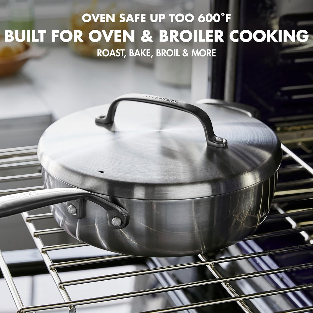 GreenPan GP5 3.26QT Saucepan with Lid, 5-Ply Stainless Steel, PFAS-Free Ceramic Nonstick, Soup Pot, Dishwasher and Oven Safe, Silver