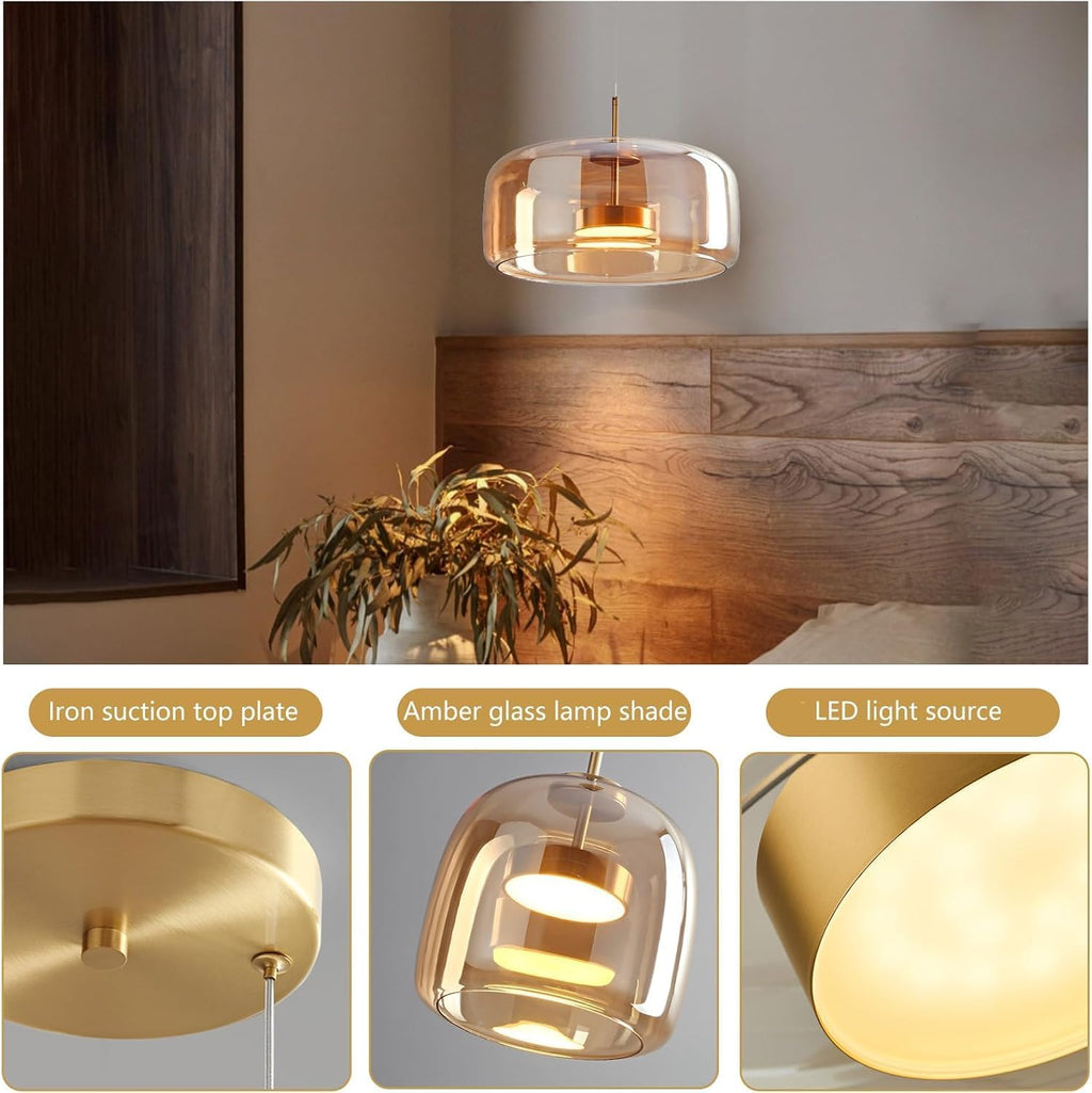 Amber Glass Chandelier Round Pendant Light for Kitchen Island Modern Amber Glass Lampshade with Hanging Lights for Dining Room Living Room Bedroom Coffee Shop Aisle Corridor (A Style)