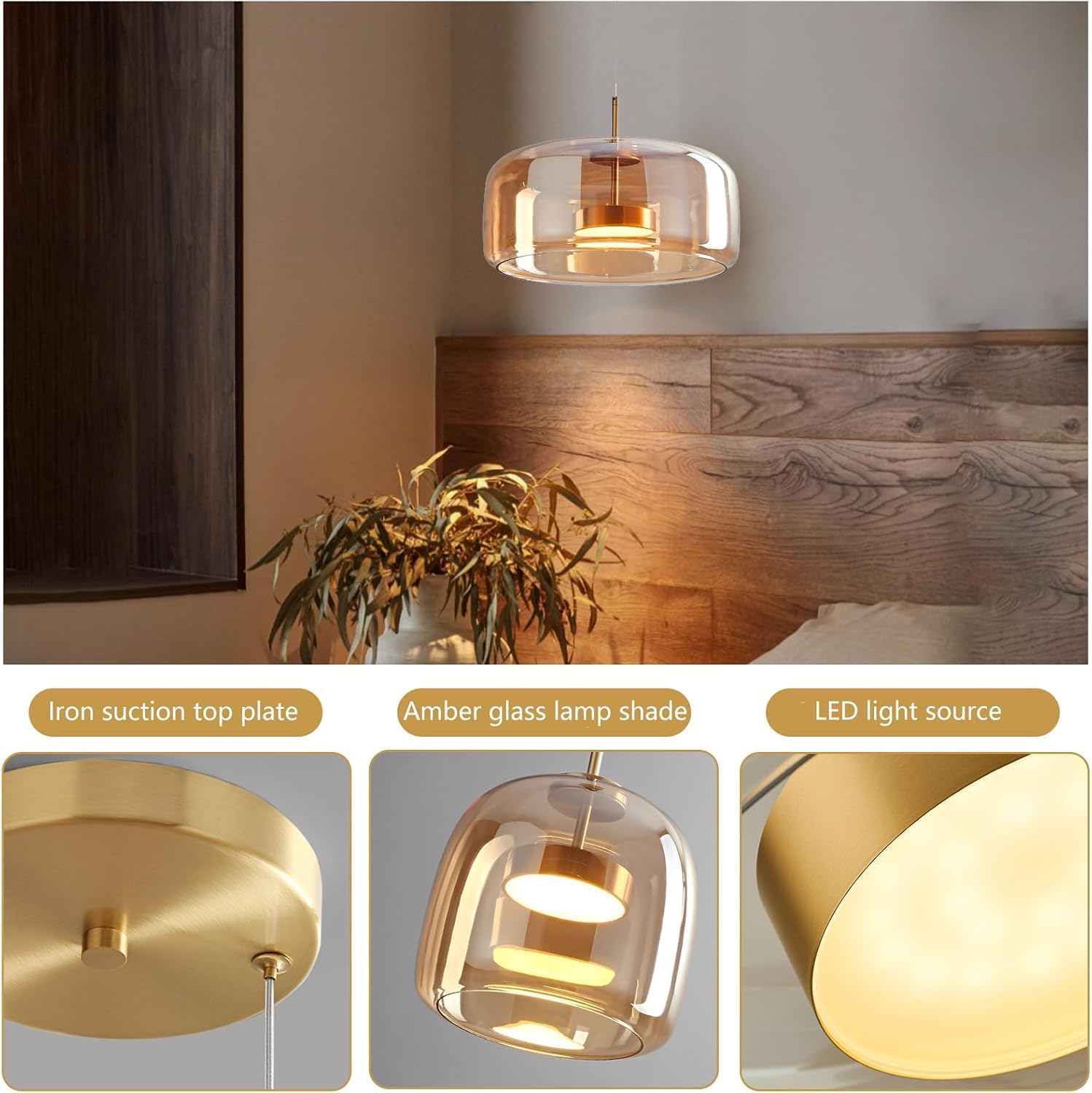Amber Glass Chandelier Round Pendant Light for Kitchen Island Modern Amber Glass Lampshade with Hanging Lights for Dining Room Living Room Bedroom Coffee Shop Aisle Corridor (A Style)