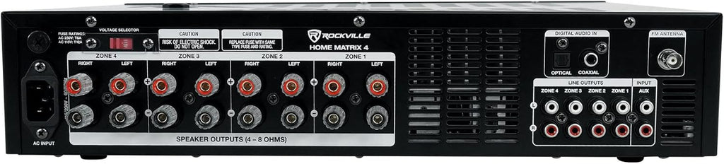 Rockville Home Matrix 4 600W Multi Room Receiver/Amplifier, 8-Channel (4 Zones), Bluetooth, USB, Optical, Coaxial, RCA, Mic Inputs