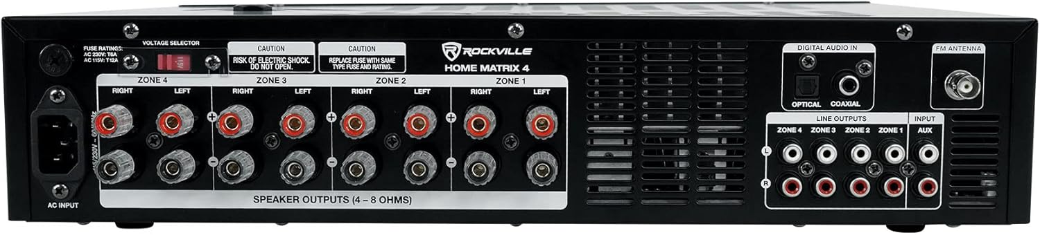 Rockville Home Matrix 4 600W Multi Room Receiver/Amplifier, 8-Channel (4 Zones), Bluetooth, USB, Optical, Coaxial, RCA, Mic Inputs