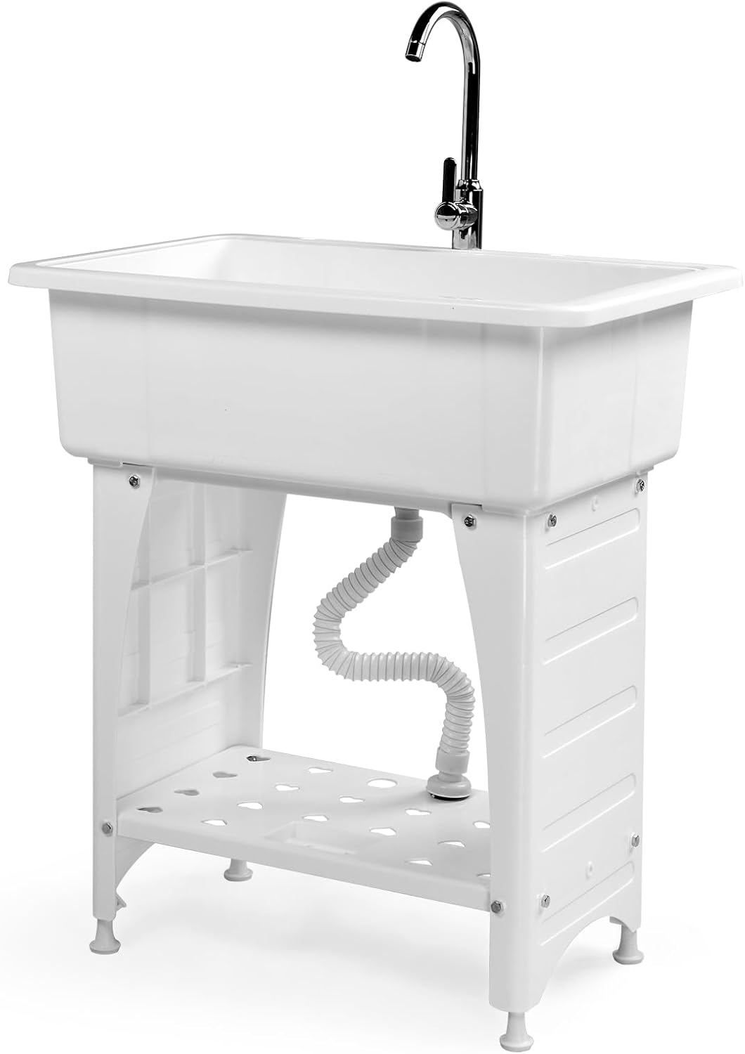 VINGLI Spacious White Utility Sink Laundry Tub for Laundry Room, Garage Washing Station, Slop Sink, Freestanding Sink with Stainless Steel Faucet, Drain, Storage Shelf and Removable Drainboard,White